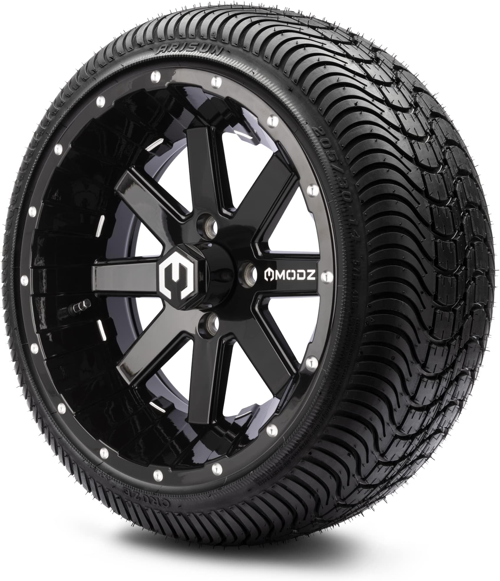 MODZ® Assault Black with Ball Mill 14" Golf Cart Wheels and Arisun Cruze (205/30-14) Low Profile DOT Golf Cart Tires Combo - Set of 4