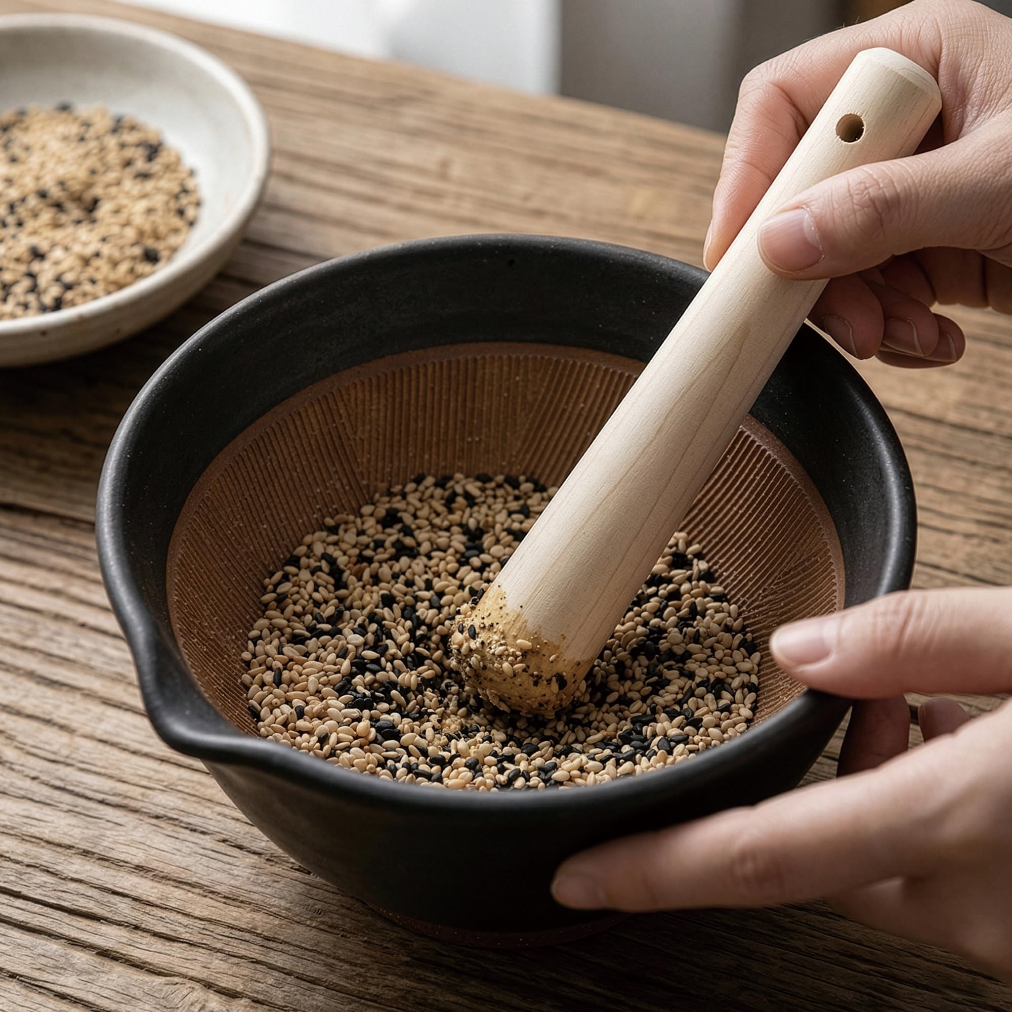 Asayu Japan Set mortaio e pestello in ceramica con pestello in legno, prodotto in Giappone, lavabile in lavastoviglie e utilizzabile nel microonde, set Suribachi e Surikogi scanalato - Set mortaio e p