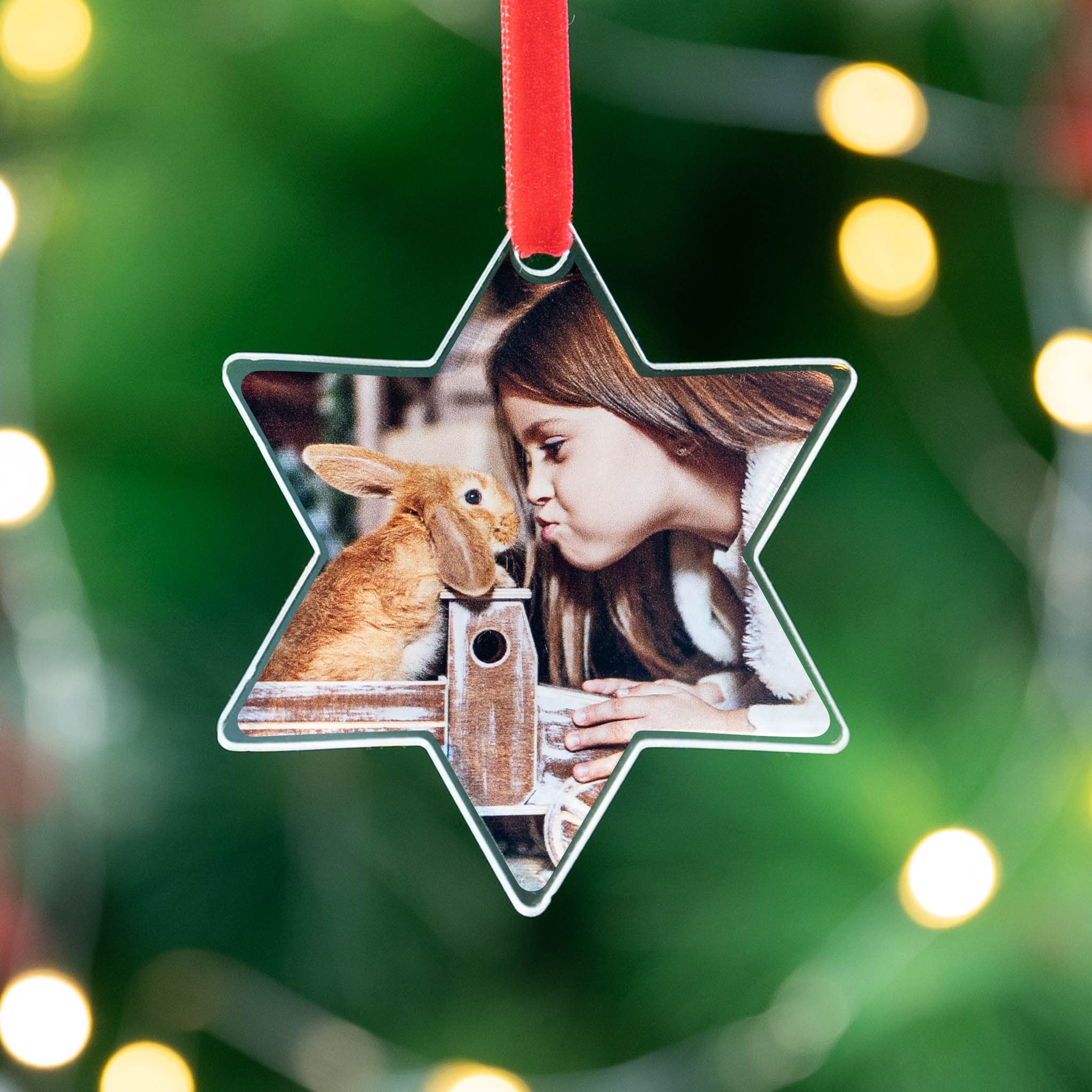 Wanapix | Adorno Navidad de Metacrilato Personalizado | Adorno para Árbol Navidad Personalizado con Foto | Incluye 2 Cintas de Terciopelo para Colgar, Verde y Roja | Estrella