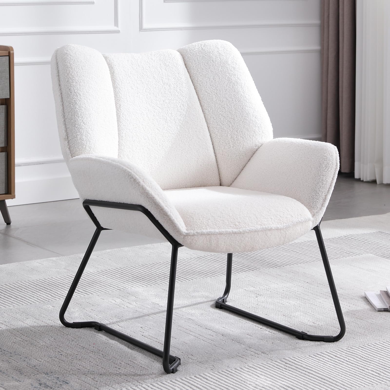 Ya-Home Modern Faux Fur Armchair with Metal Legs, Upholstered Occasional Tub Chair for Bedroom/Living Room, White