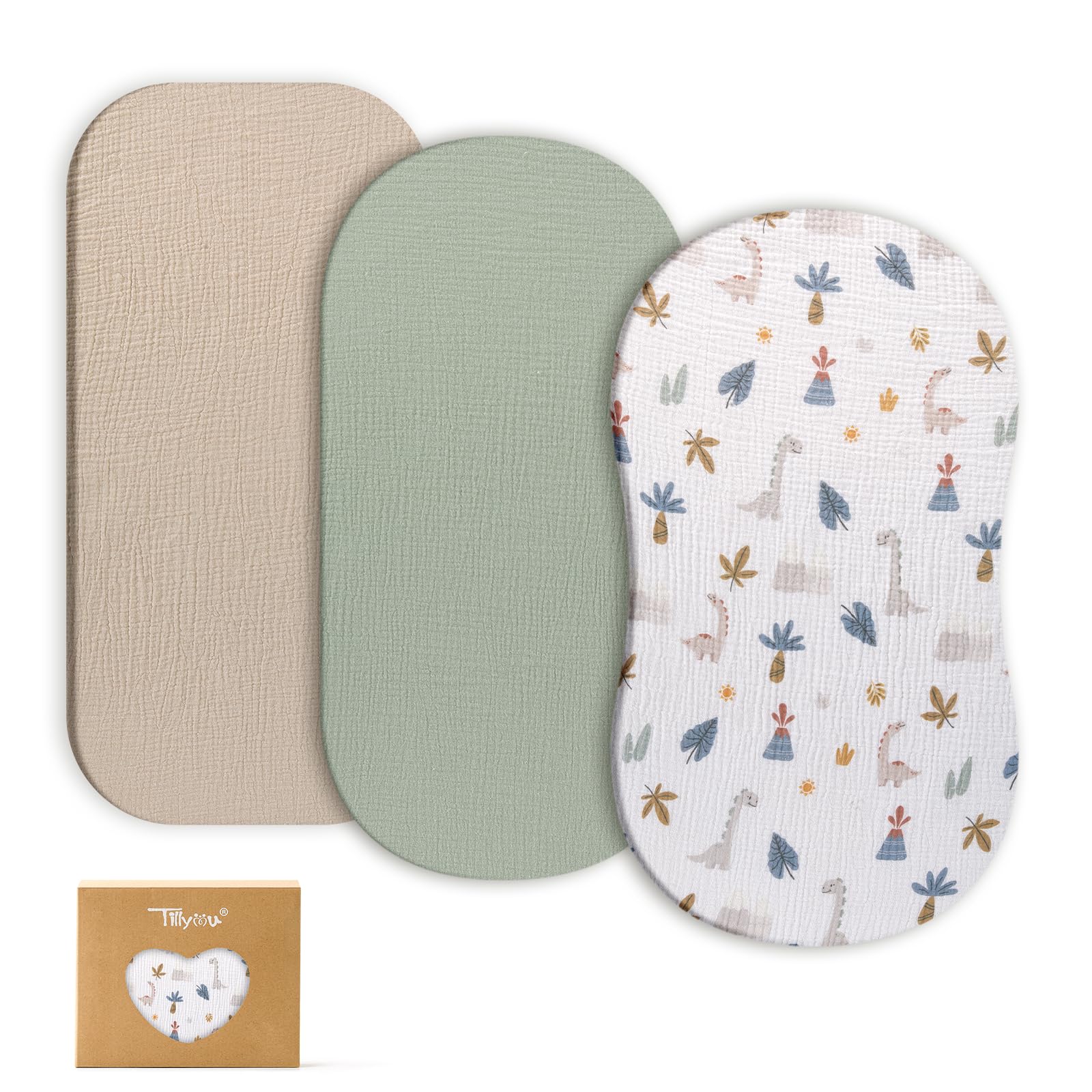 TILLYOU Musselin Spannbettlaken 3er Set Spannbettlaken Kinderwagen 100% Baumwolle Spannbettlaken Beistellbett 40x80 cm, Dinosaurier
