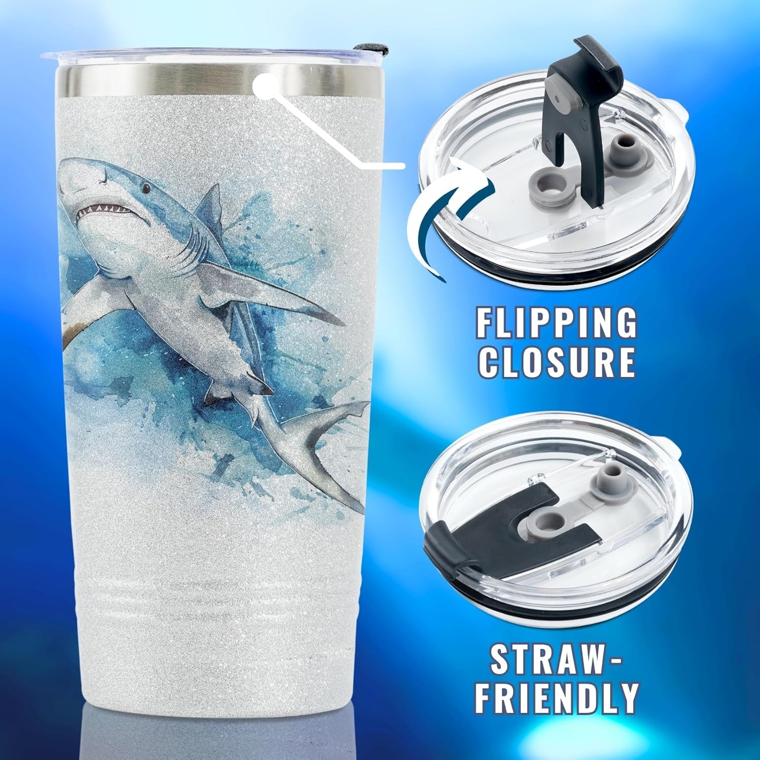 Onebttl Shark Gifts for Women, Shark Tumbler Cup, 20oz Stainless Steel Travel Coffee Mug with Lid for Christmas, Birthday, and any Special Occasion - Image 3