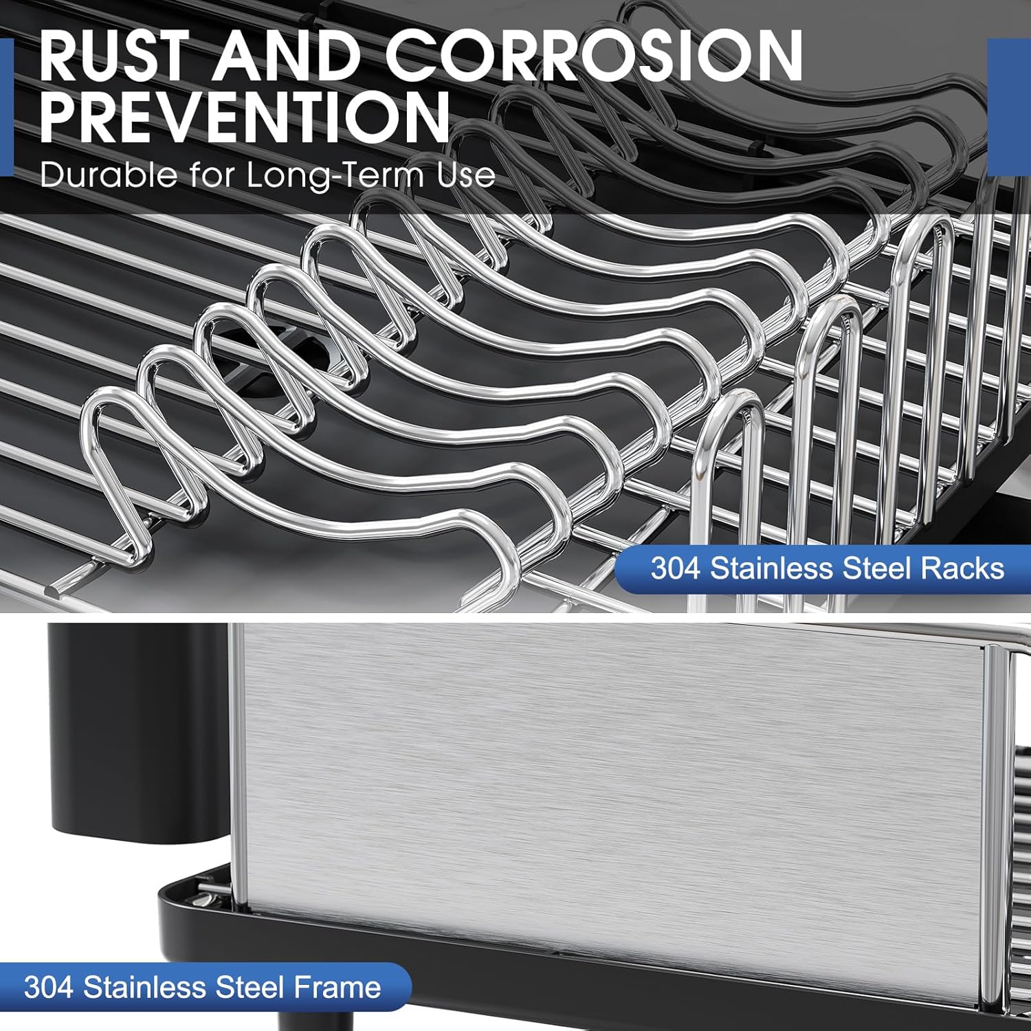 Stainless Steel Dish Drying Rack - Large Capcity 304 Grade Dish Drainer for Kitchen Counter with Drain Board, Utensil Holder & Detachable Cup Shelf, Rustproof Multifunctional Organizer Black