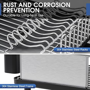 Urackify Stainless Steel Dish Drying Rack for Kitchen Counter, Black | Rustproof Dish Rack with Utensil Holder, 16.9 L x 12.4 W Large Capacity, Auto Drain Dish Drainer for Plate Dish Sliverware
