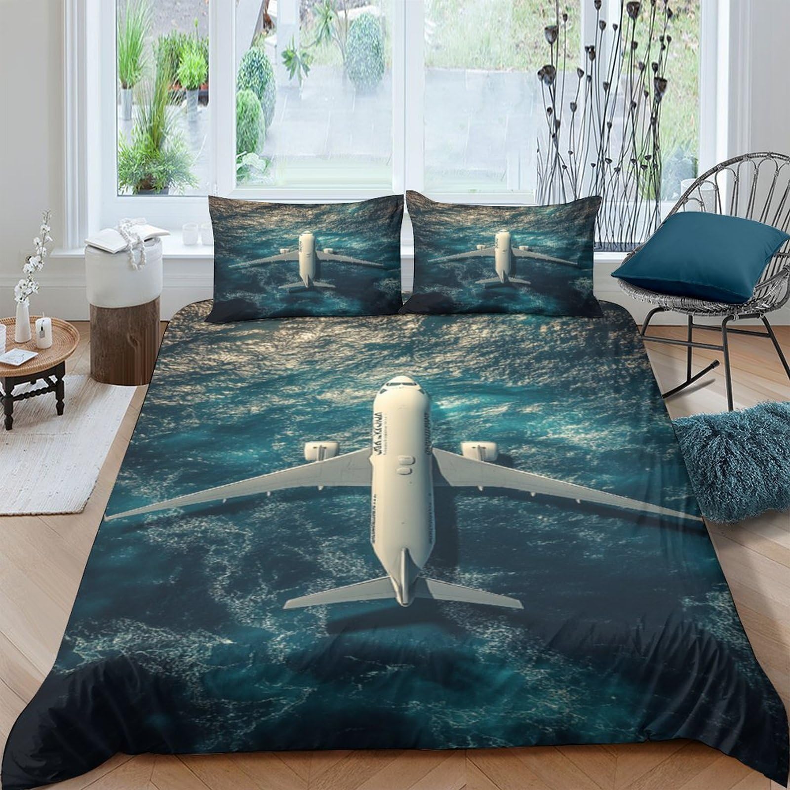 Ctjqhvkz Style-9 3D Printed Airplane Ocean Fitted Sheet Microfiber Slip Resistant Bed Cover For Bedroom Guest Room Machine Washable Decor Single（135X200cm）