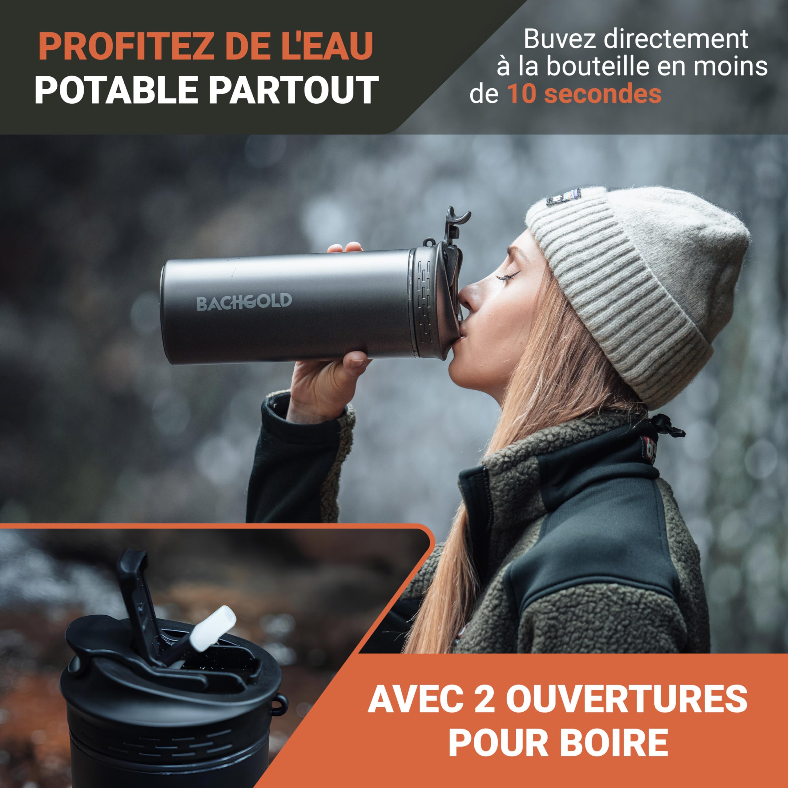 Bachgold Gourde filtrante eau non potable XL 800 ml capacité filtration 2000 L élimine 99,99% bactéries virus particules métaux lourds