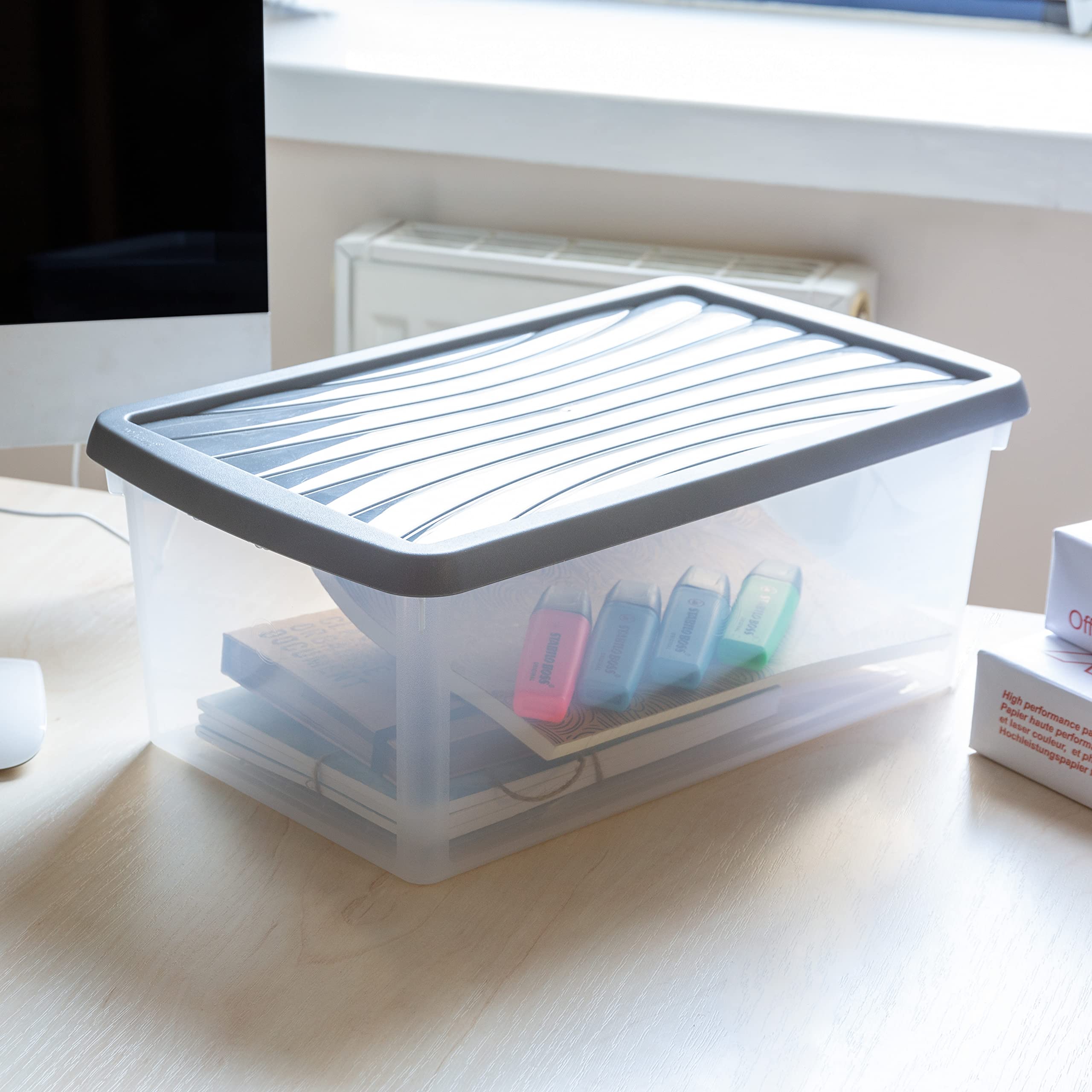 Wham Box & Lid - Stackable Plastic Storage Clear/Steel 9 Litre (Pack 3)