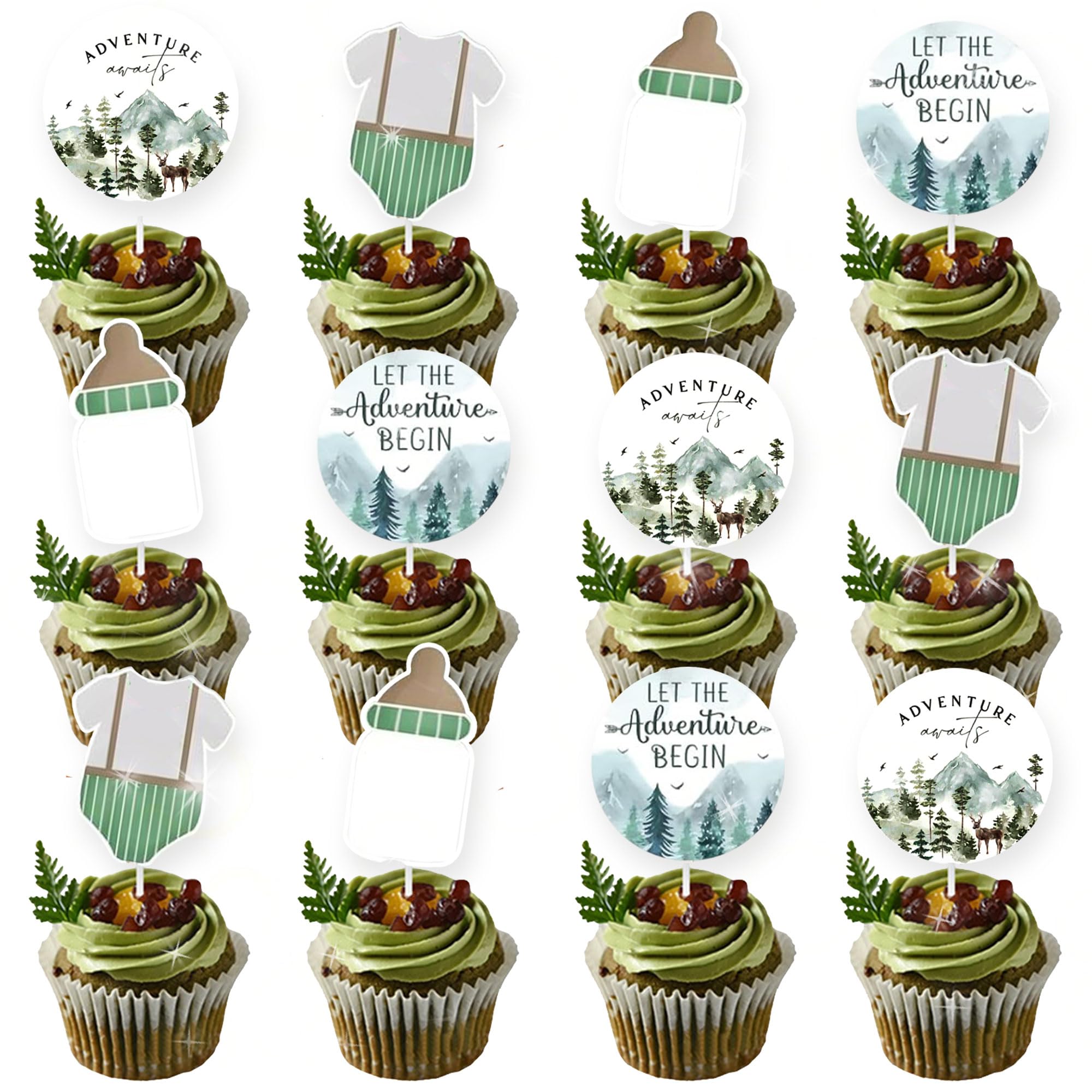 24PCS Let the Adventure Begin Baby Shower Decorations Cake Cupcake Decoration Greatest Adventure Forest Mountain Baby Shower Decorations