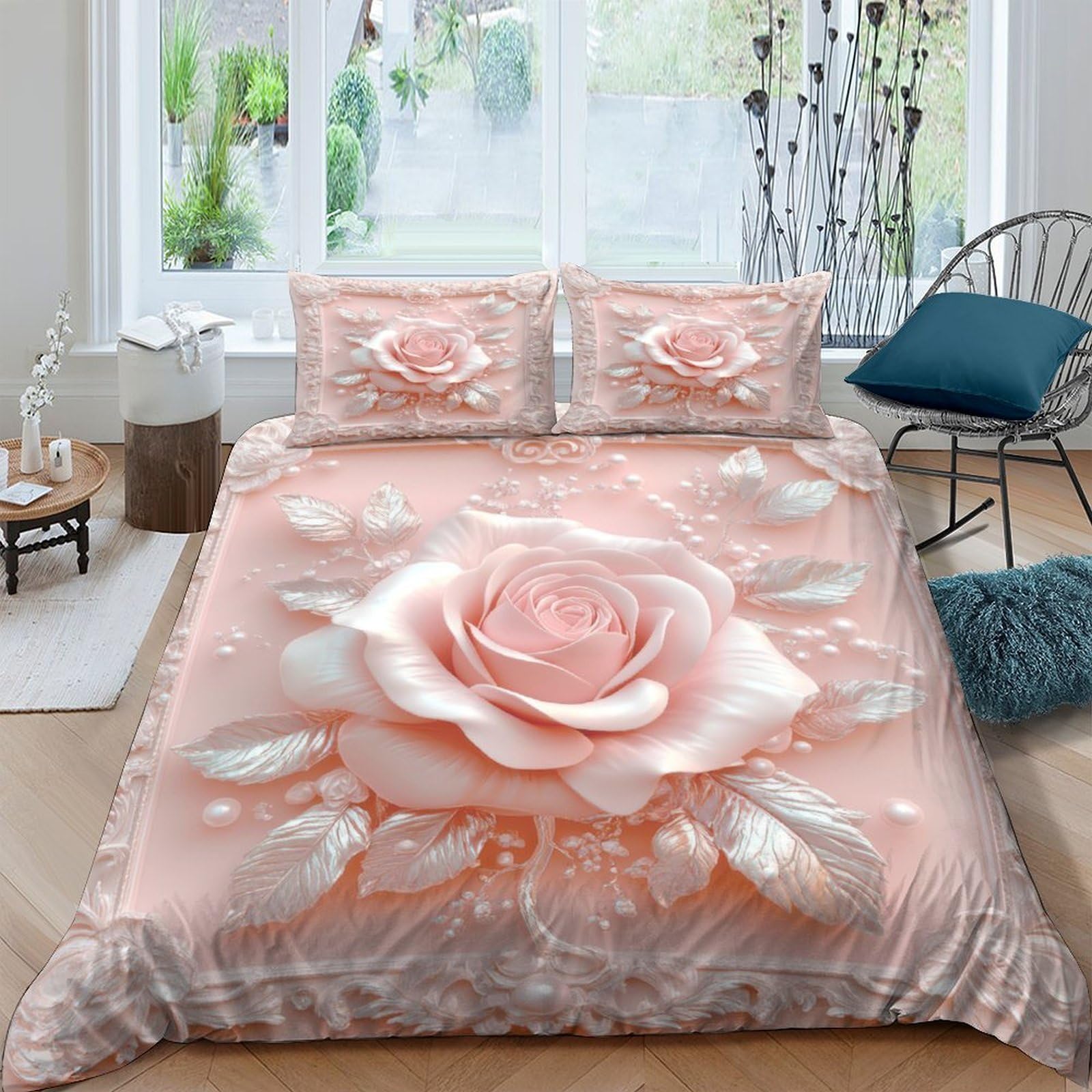 3D Printed Pink rose decor Bed Cover Polyester Vintage floral Art_ Duvet Cover Wrinkle Resistant Stain Resistant for University Dorm Student Accommodation Bedding Use Double（200x200cm）