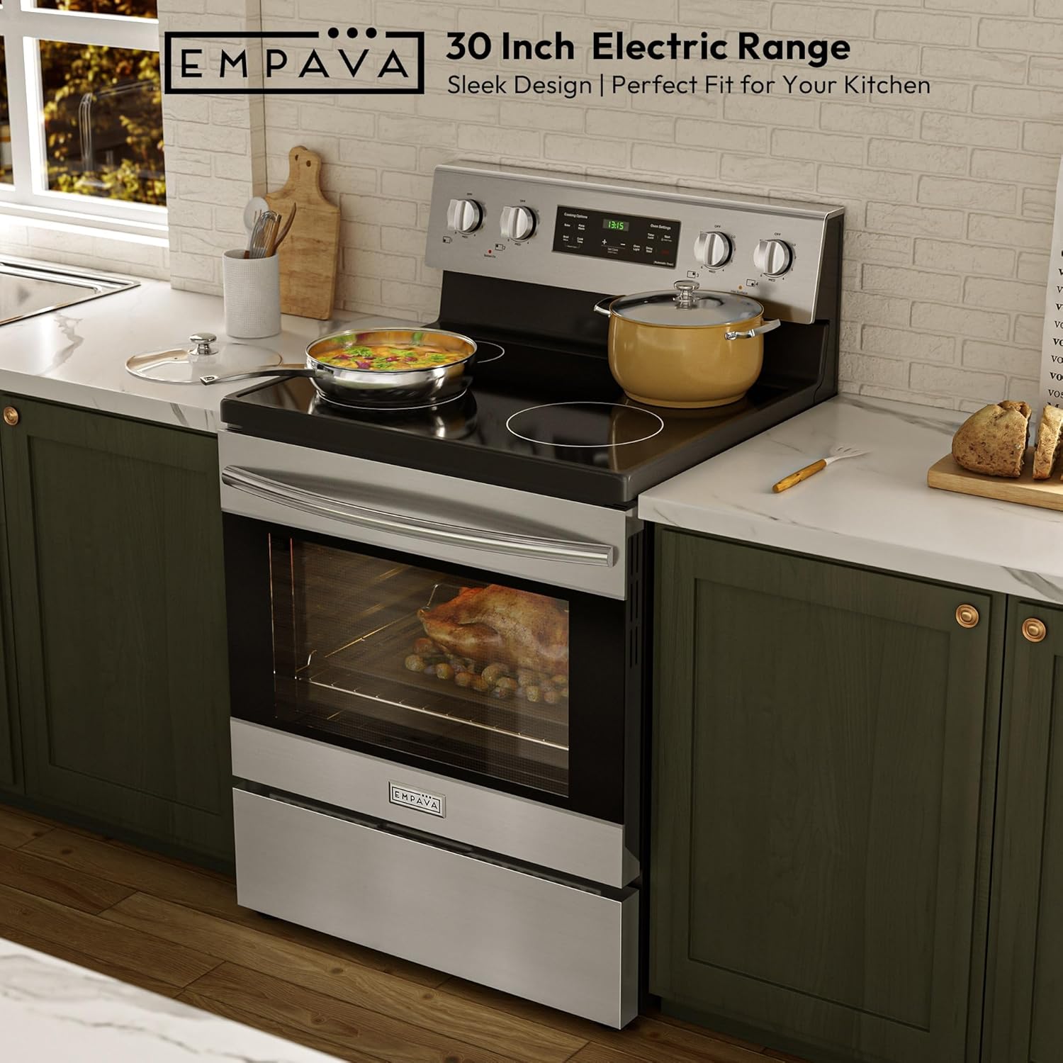 Empava 30" Electric Range,4.8 Cu.Ft Oven, Radiant Ceramic Cooktop, 4 Elements, Steam Clean, Freestanding & Slide-in Stove,Stainless Steel, 240V (Power Cord Not Included)