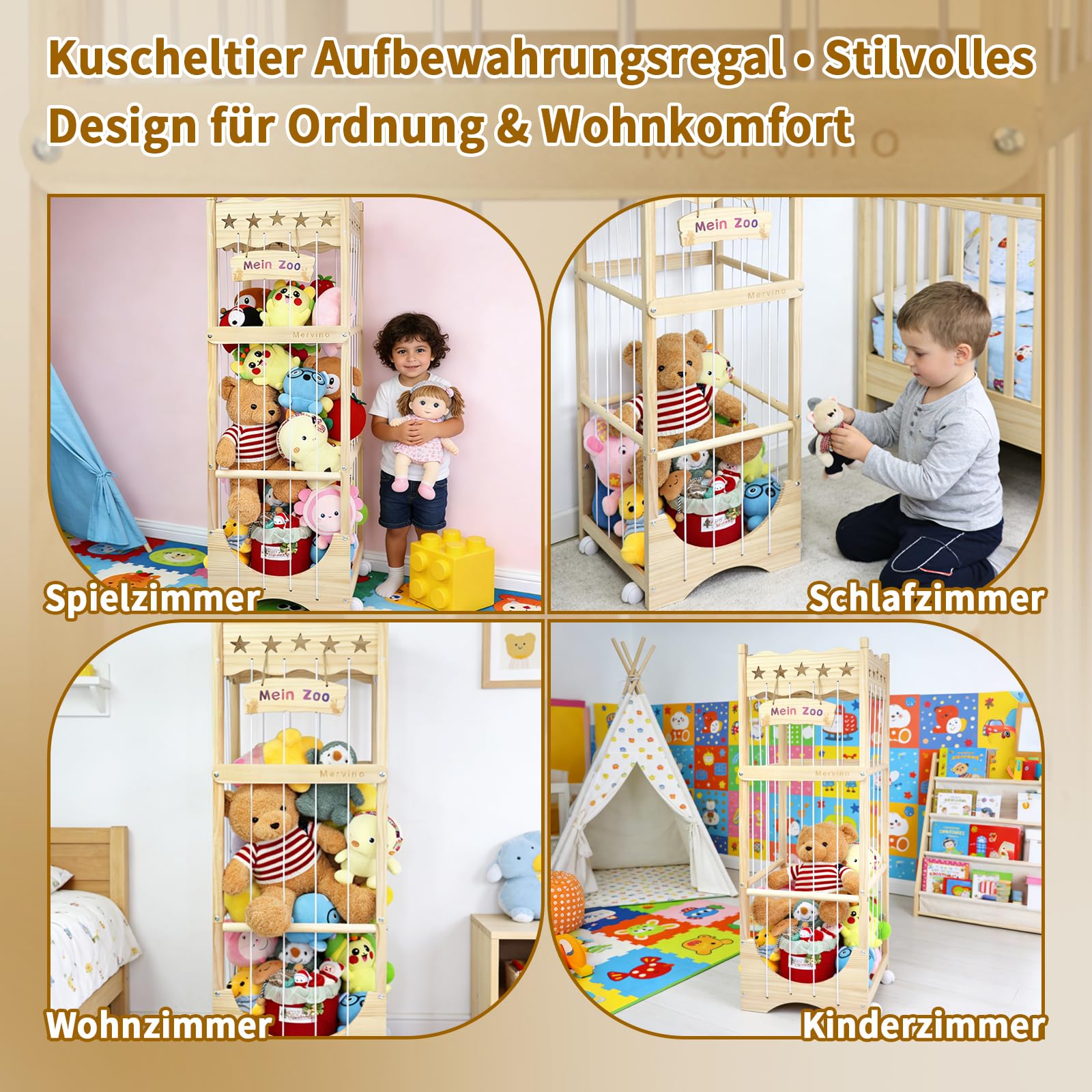 Mervino Holz Kuscheltier Aufbewahrung, mit Gummis & Rollen | Stofftier Aufbewahrung für Kinderzimmer & Spielzimmer, mit Gummis & Rollen, Massivholz, platzsparend