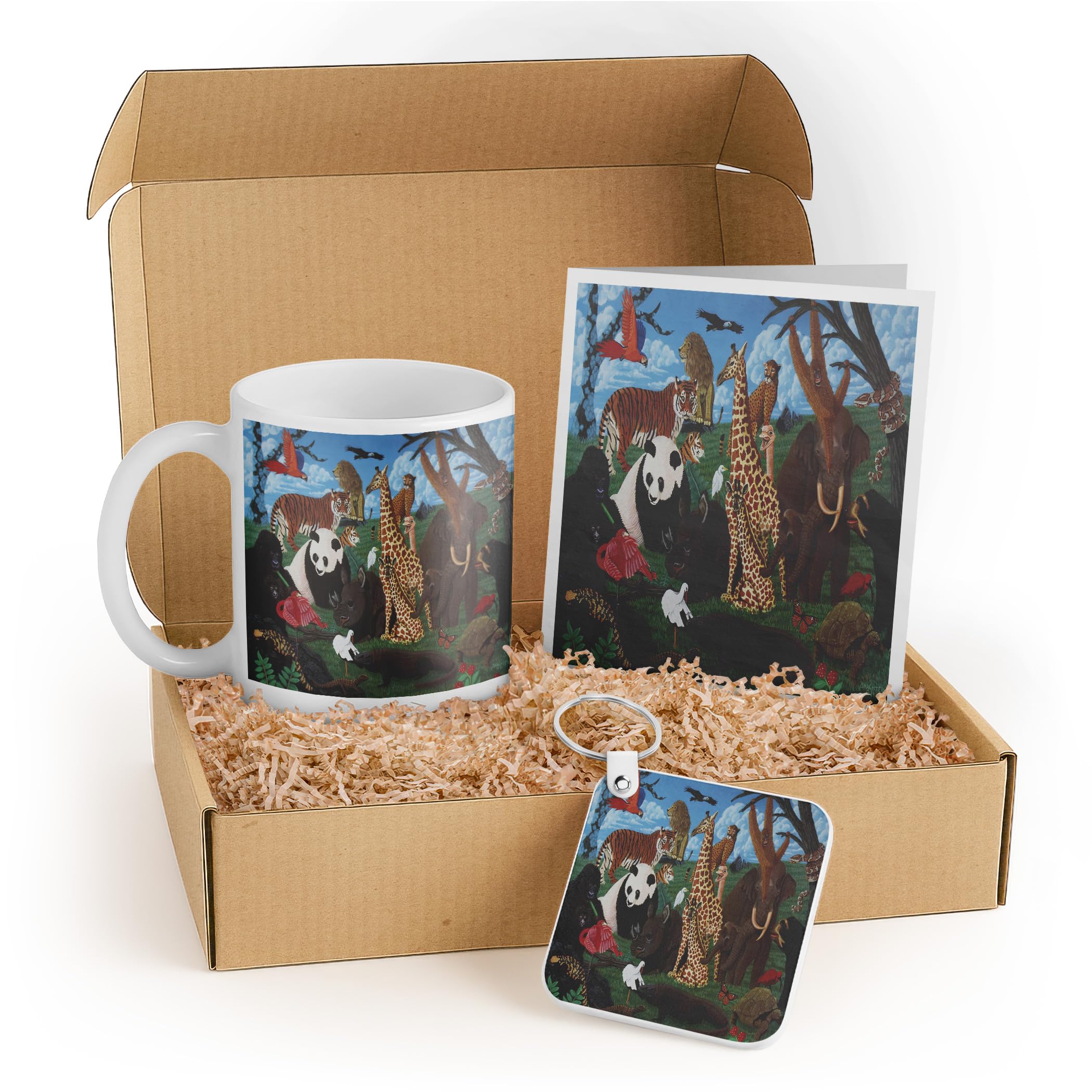 3dRose Animal Lover Gift Set with Mug, Greeting Card, and Keychain – Colorful Jungle Animal Design – Ideal for Kids, Birthdays, and Zoo Enthusiasts