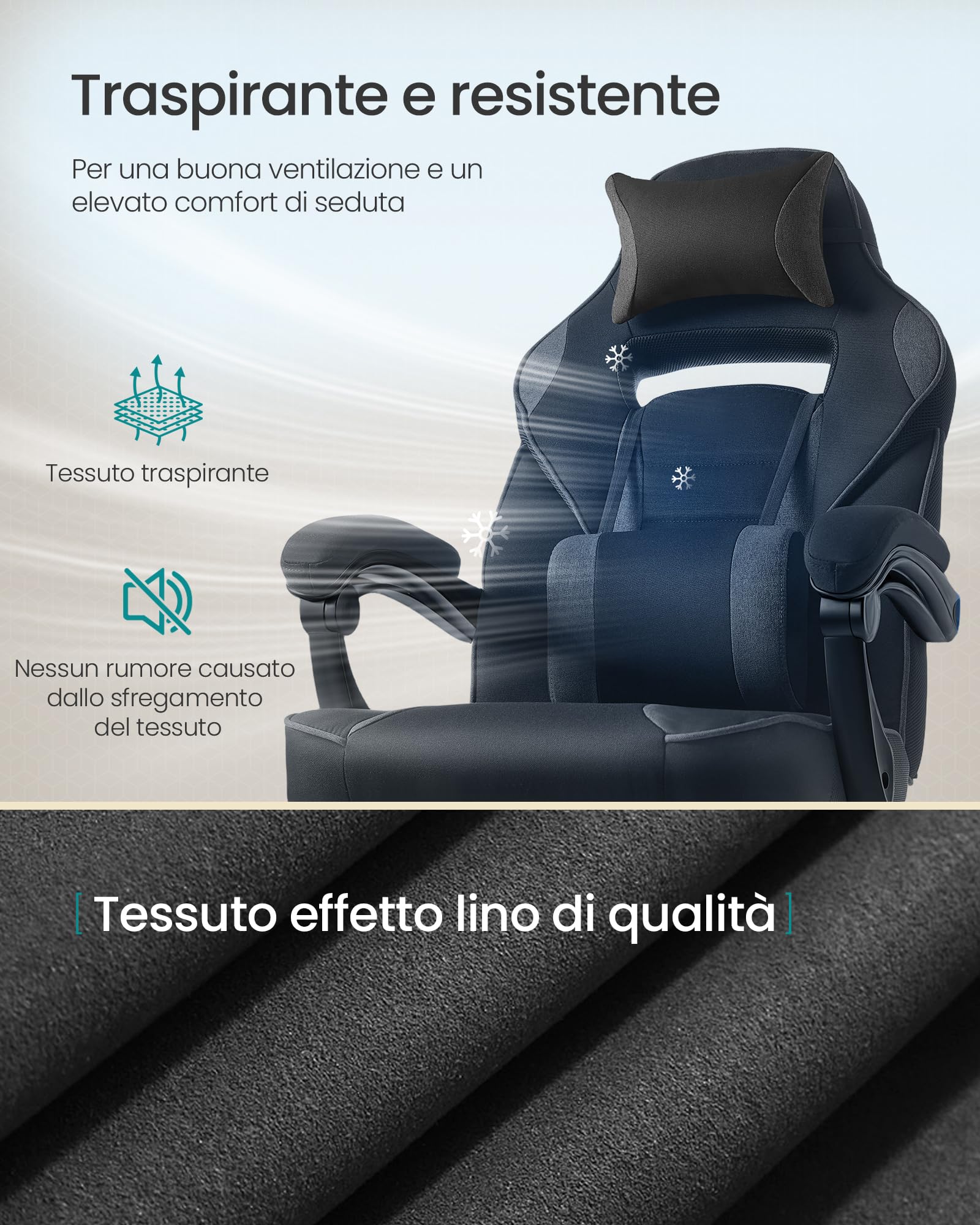 SONGMICS Sedia Gaming, Sedia Ufficio con Poggiapiedi Poggiatesta e Cuscino Lombare, Regolabile in Altezza, Poltrona Ergonomica, Portata 150 kg, Nero Inchiostro e Grigio Ardesia OBG073BH20