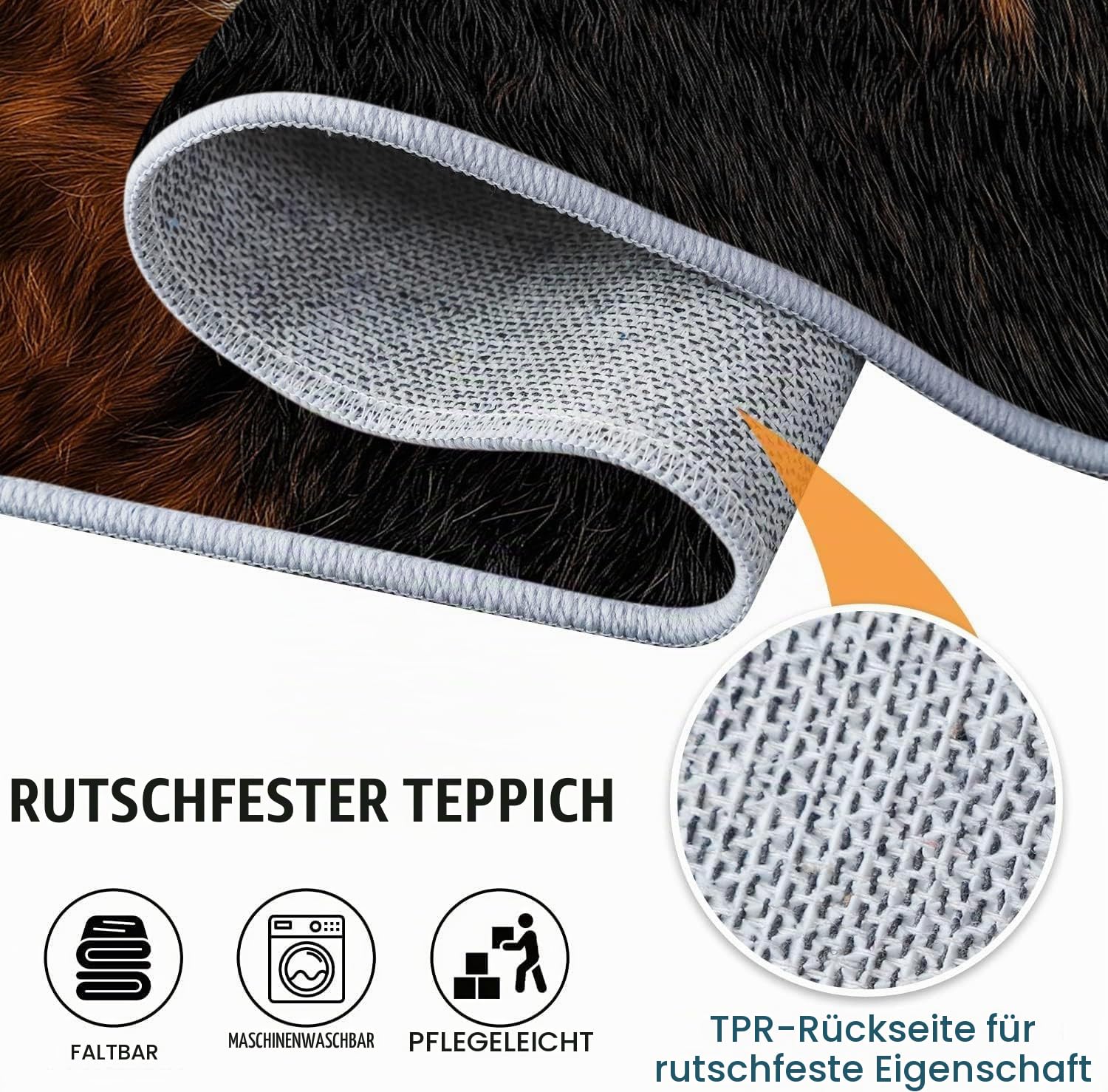 Teppich Wohnzimmer Waschbar 80x150 cm – Kuhfell Optik Kurzflor Teppiche rutschfest, Felloptik Braun Schwarz Weiß, Weicher Schlafzimmer Teppich & Flächenteppich, Moderner Flächenteppich Pflegeleicht