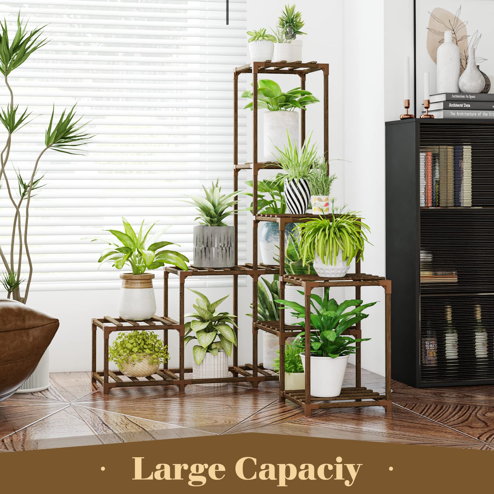 Bamworld Supporto per piante ad angolo per interni, in legno, 8 vasi per più piante, decorazione per la casa per regali di giardinaggio
