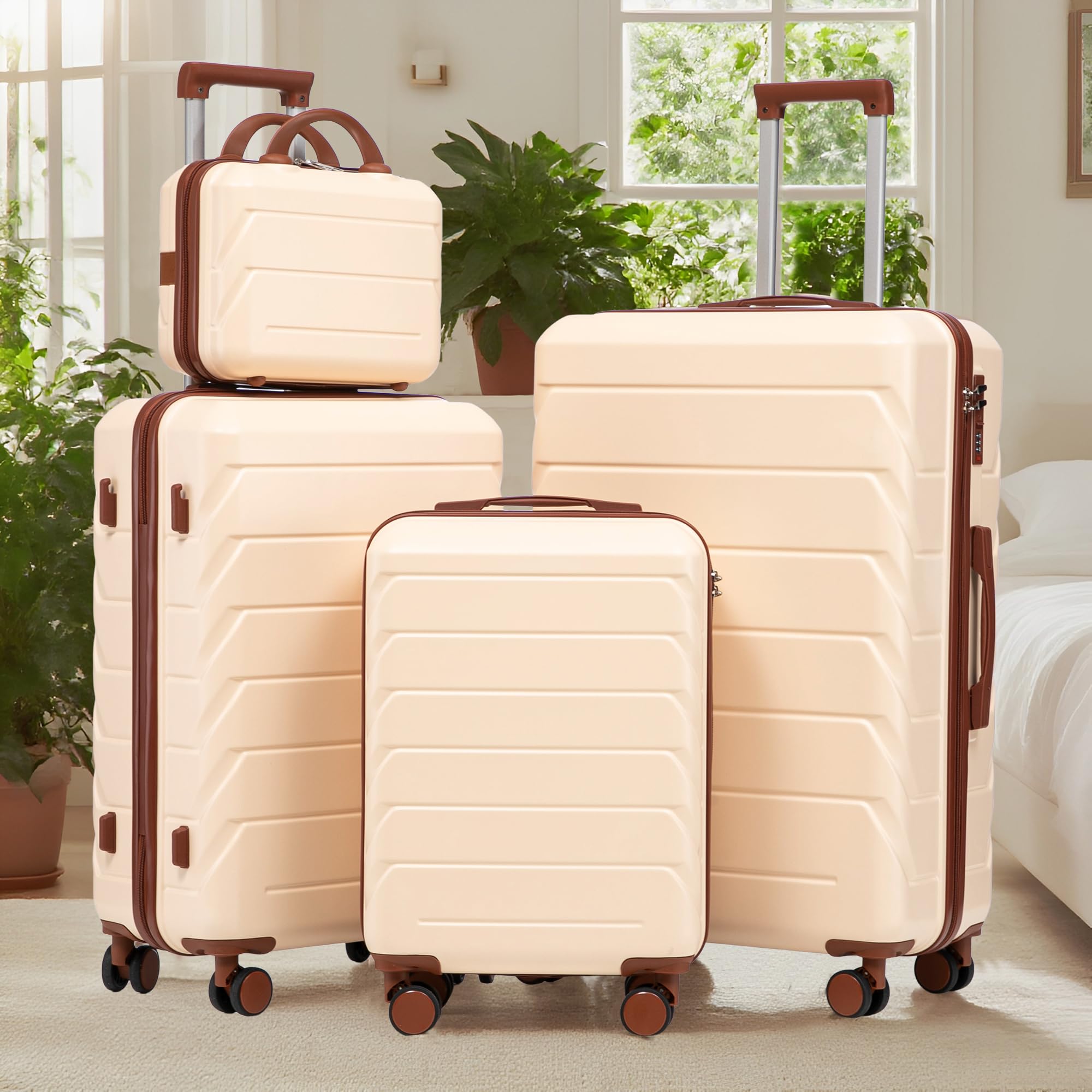 Set di 4 Valigie in ABS con Beauty Case, Viaggio, Beige