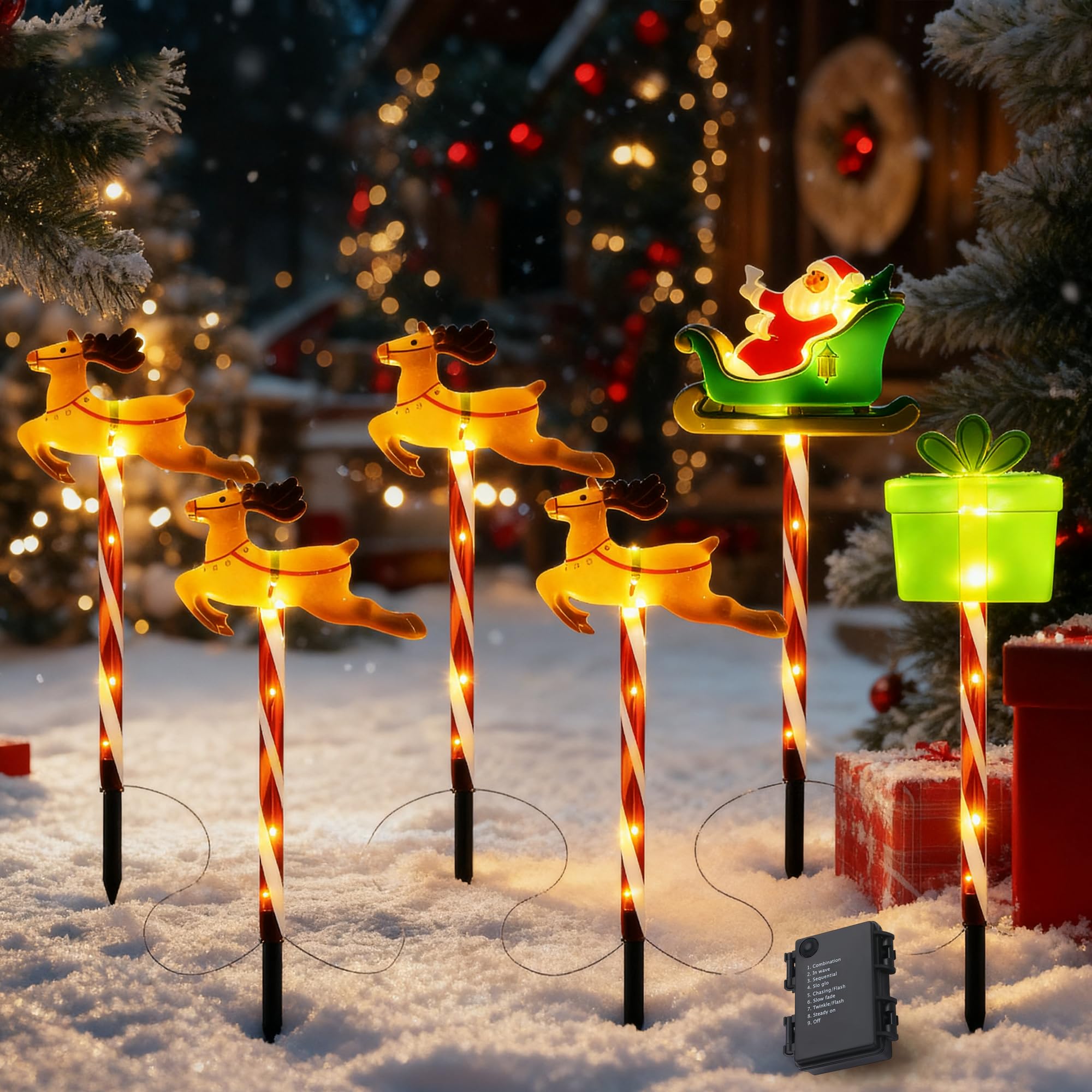 6 Pack Christmas Outdoor Powered Stake Lights, Battery Operated, Waterproof LED Christmas Pathway Lights for Yard Patio Garden Decoration (Santa with Gifts)