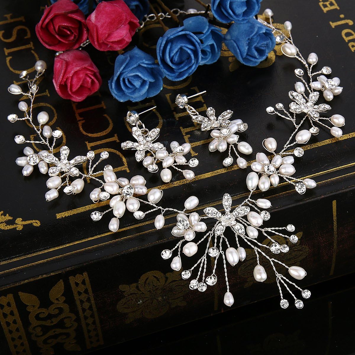 BriLove Women's Bohemian Boho Crystal Teardrop Freshwater Cultured Pearl Handmade Filigree Flower Choker Necklace Dangle Earrings Set
