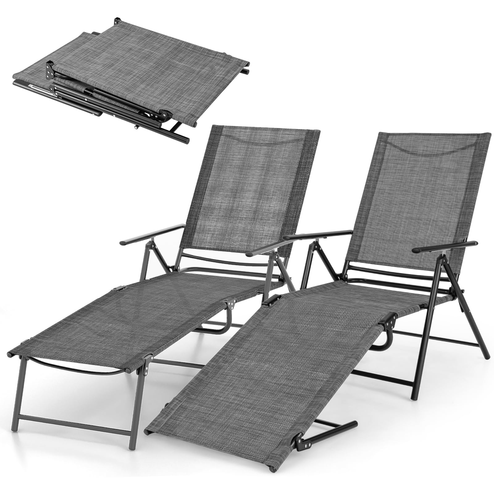 GIANTEX Lot de 2 Transats Jardin Extérieur, Chaises Longues Pliables avec Dossier et Repose-Pieds Réglables, Transats Pliables, Charge 150 KG, Bain de Soleil pour Jardin, Piscine, Patio (Gris)