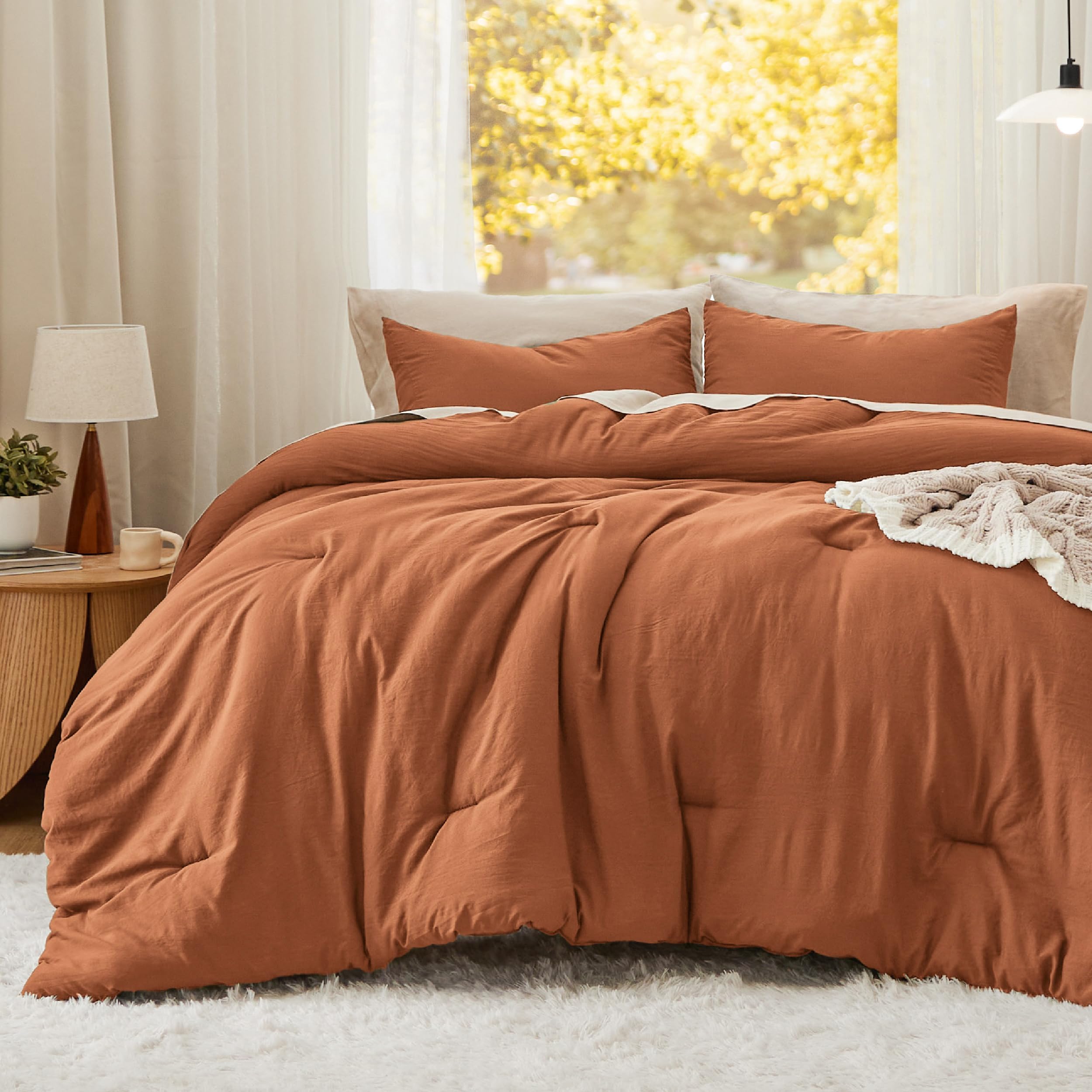 Bedsure King Size Comforter Set, Burnt Orange Soft Prewashed Bed Comforter for All Seasons, 3 Pieces Warm Bedding Sets, 1 Lightweight Comforter (104"x90") and 2 Pillowcases (20"x36")