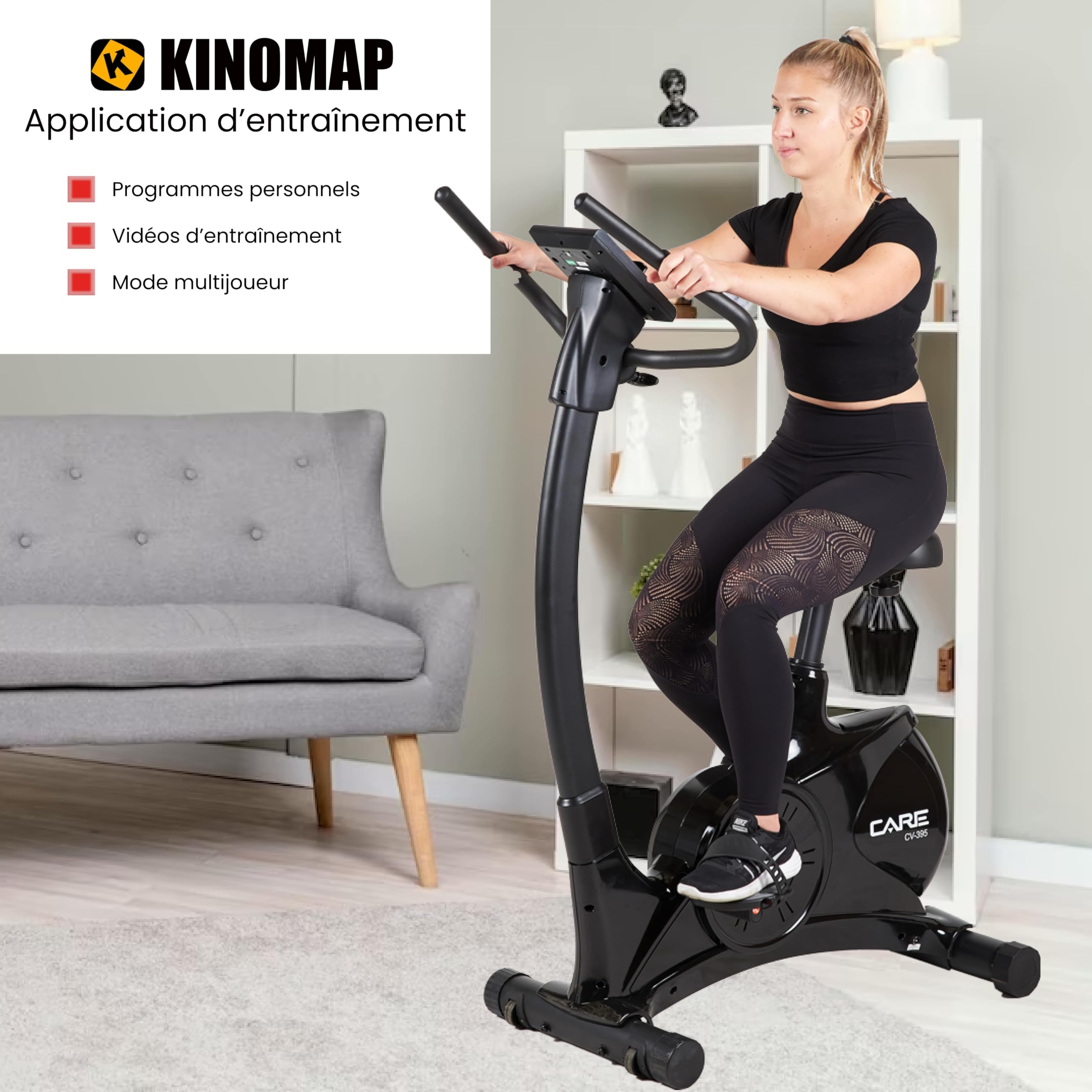 Care Fitness - Vélo d'Appartement Motorisé CV-395 - Vélo Droit 24 Programmes d'Entraînement - Masse d'Inertie 12kg - Résistances Magnétique Motorisée - Connectivité Application Mobile/Kinomap