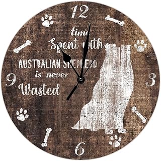 Australian Shepherd Wall Clock Rustic 10inch Round Wall Clock Time Spent with Dog is Never Wasted Wall Clocks Silent Non Ticking Battery Operated Wooden Clocks for Living Room Bedroom