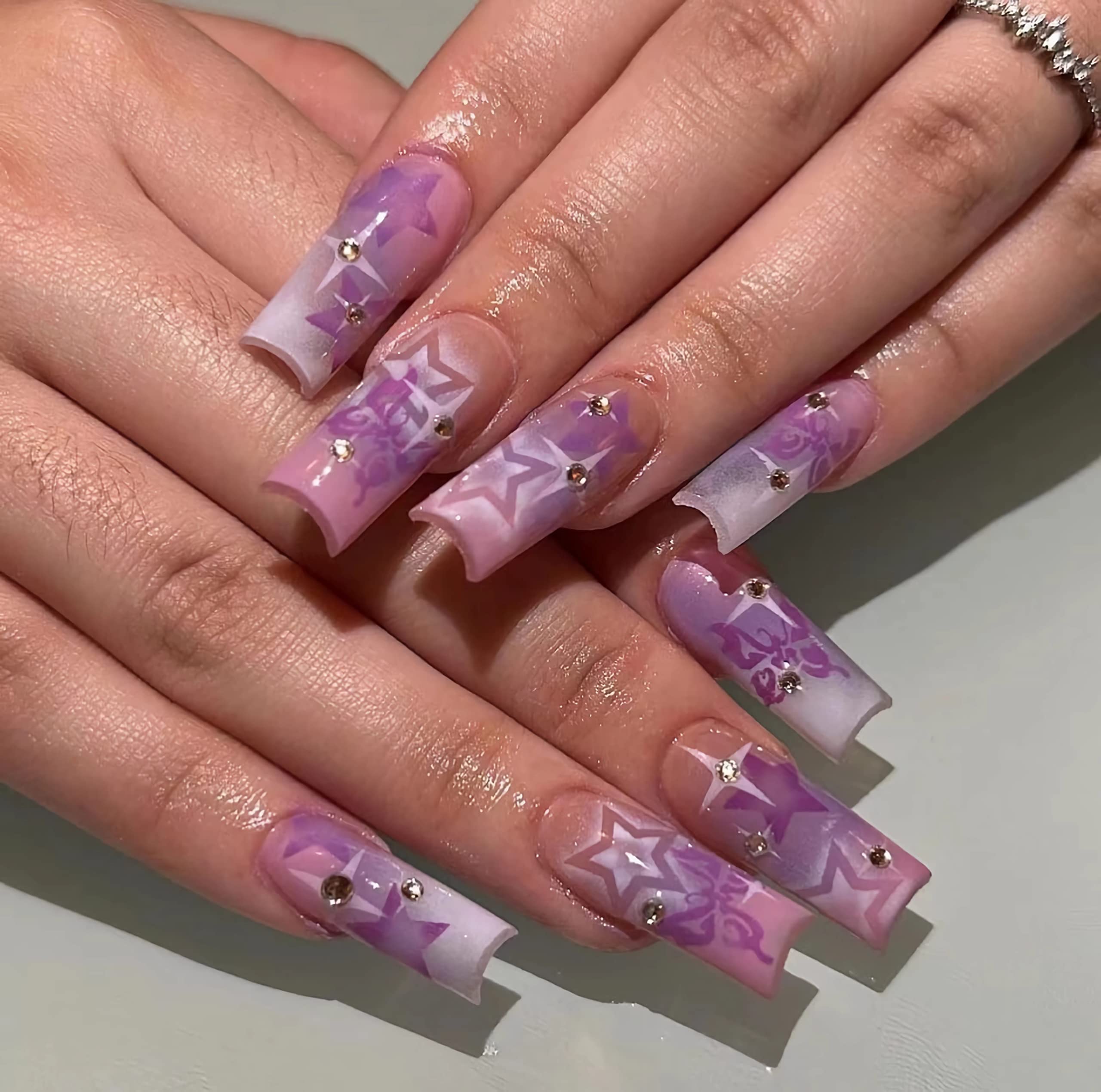 BABALAL Medium Square Press on Nails, Y2K Purple Star Rhinestone Butterfly Design Acrylic Glue on Nails for Women and Girls 24 Pieces