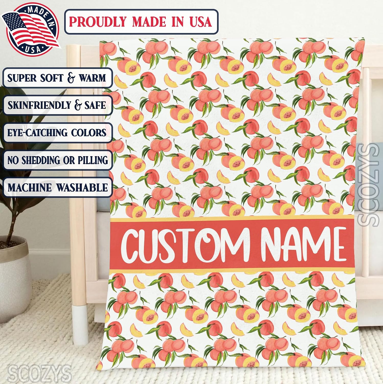 Personalized Peach Baby Blanket, Custom Peach Baby Nursery Blanket, Peach Receiving Bedding Blanket, Newborn, Baby Peach Bedding Crib Nursery Decor