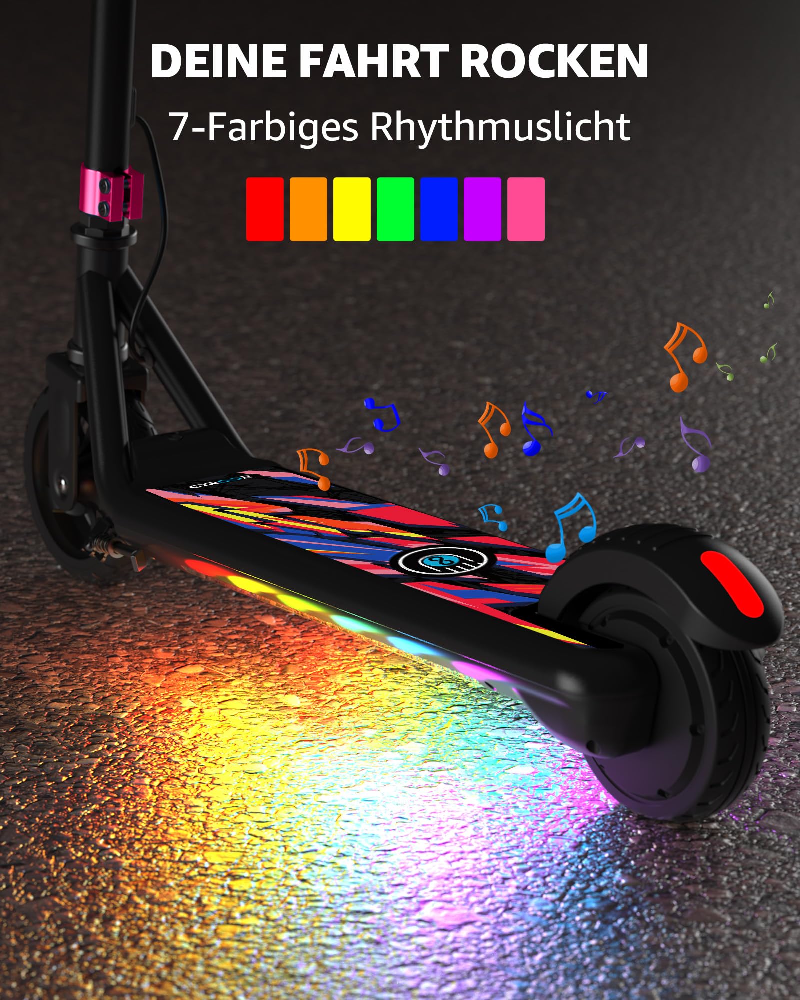 Gyroor Patinete eléctrico para niños de 6 a 12 años, Motor de 150 W, para niños, 10/13/16 km/h, Pantalla Digital LED, música y Scooter para niños, Luces arcoíris, 3 Alturas Ajustables