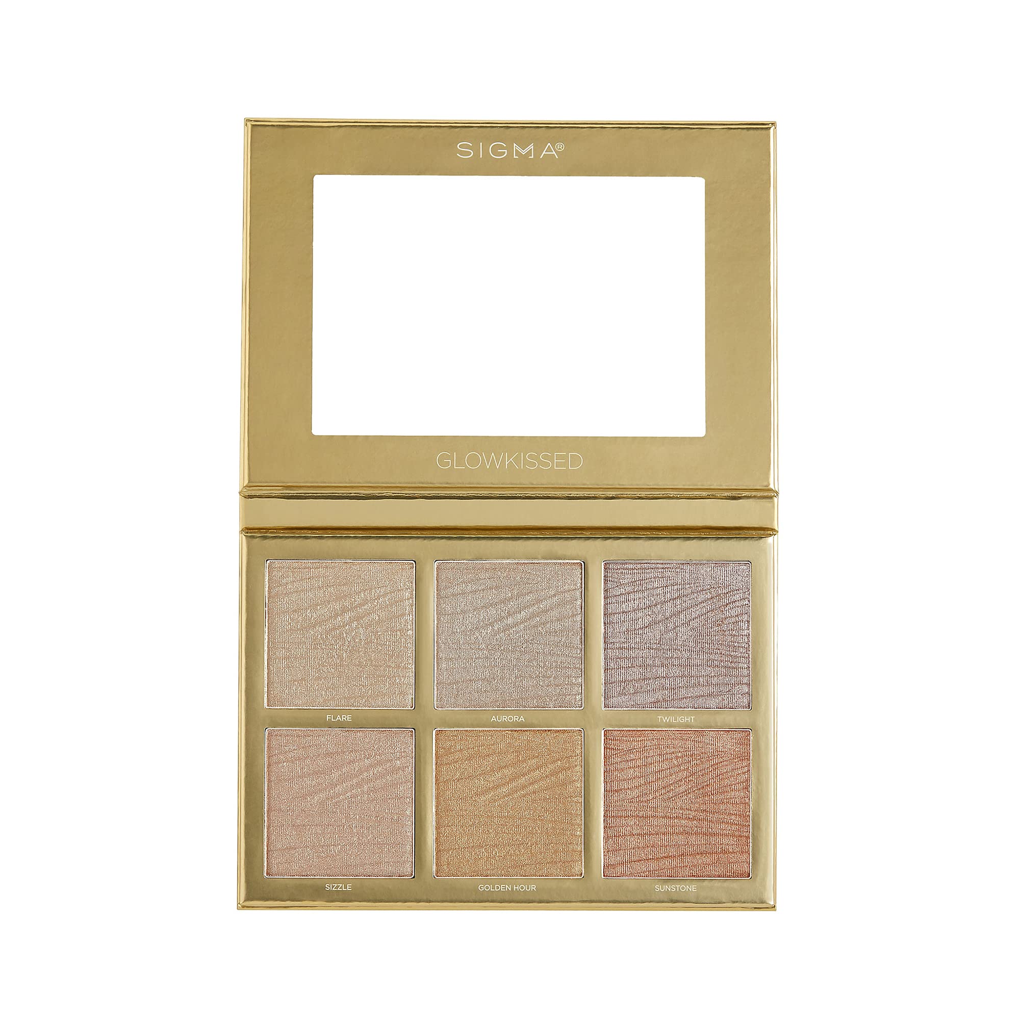 Sigma Beauty GlowKissed paleta rozświetlaczy – rozświetlające ciepłe odcienie – Golden Hour Glow Vibes – 6 rozświetlaczy, w zestawie Mirror – Cruelty-Free, wegańska paleta rozświetlaczy