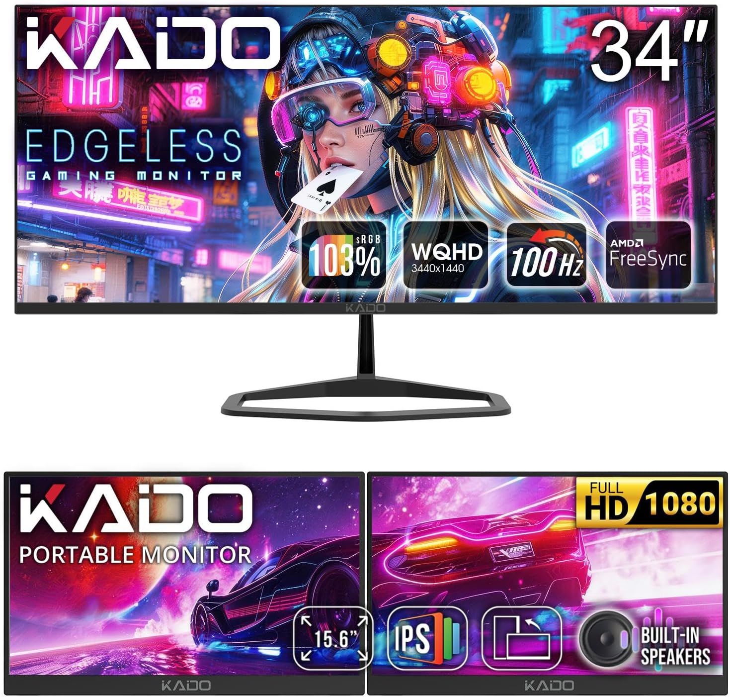 Kado Ultrawide 34" Portable 15.6" Setup - 34" 100Hz 21:9 3440x1440 Computer Monitor, 15.6" 1920x1080 IPS Portable Monitor, Gaming Office 103% sRGB AMD FreeSync Premium, VESA Mount Built-in Speakers