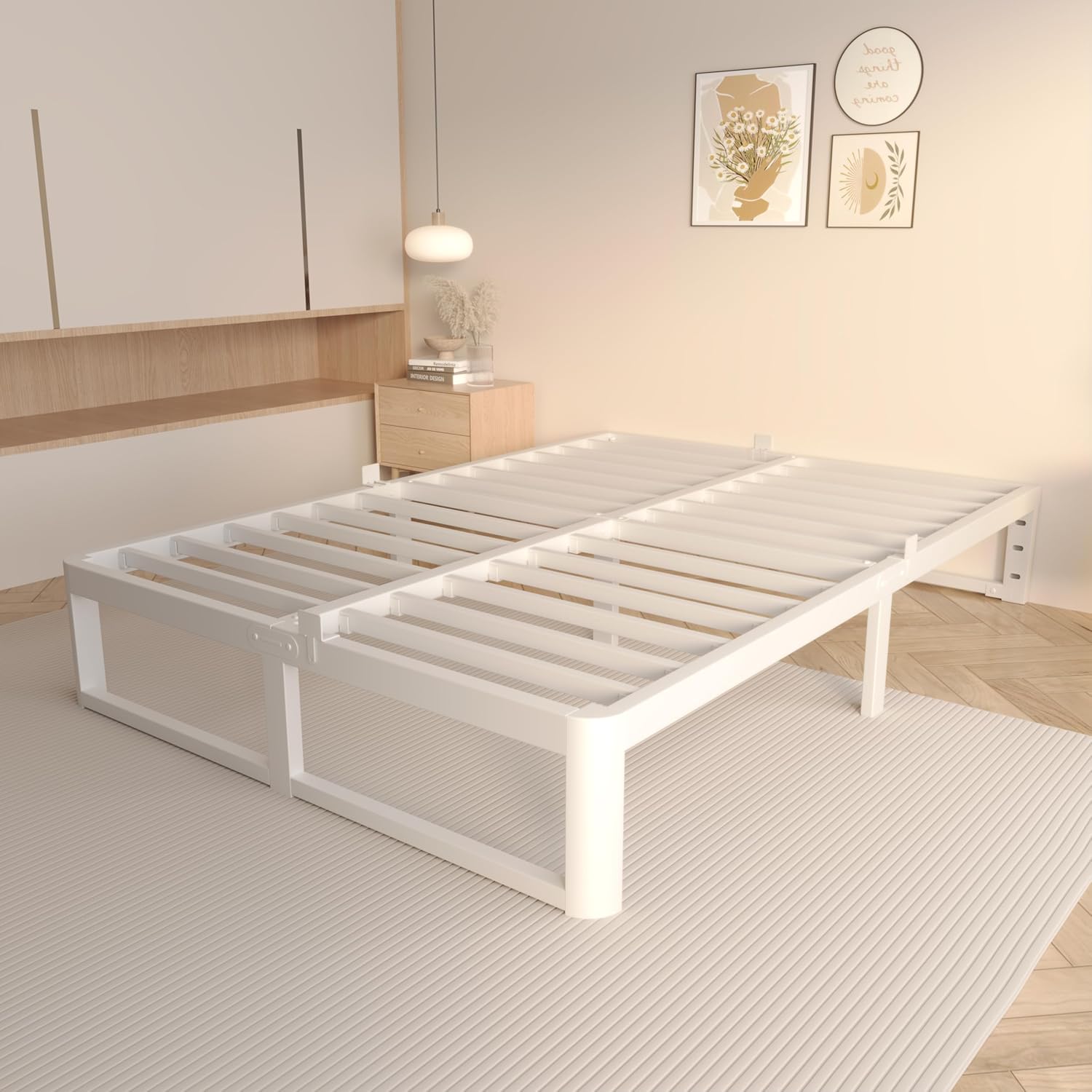 VYM 16 Inch Twin Size Bed Frames, Platform Bed with Metal Gaskets, Metal Bedframe No Box Spring Needed, DIY Headboard, Anti-Slip Mattress Stopper, Round Corner Leg, Easy Assembly, White
