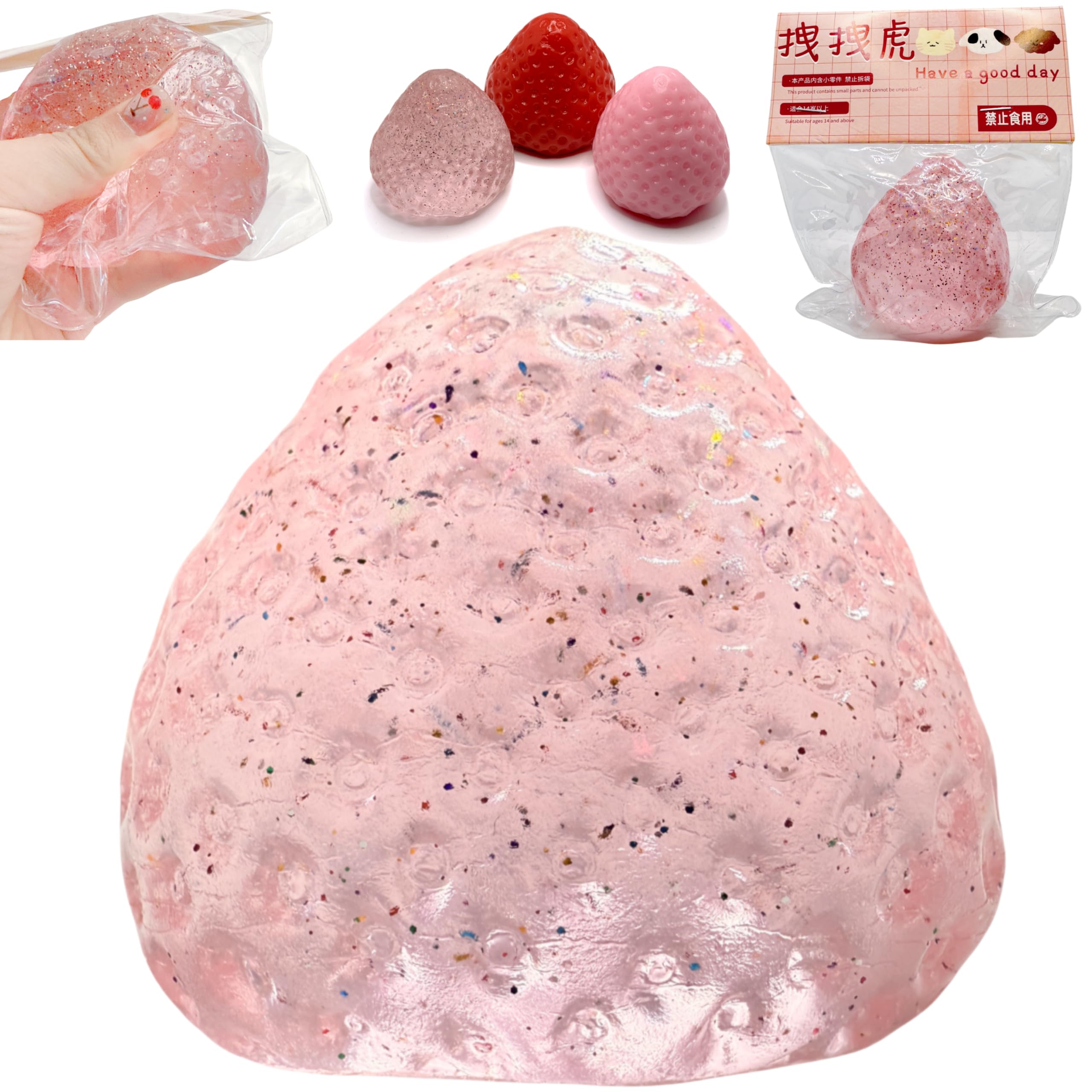 Handmade Strawberry Taba Squishy Toys, Cute Strawberry Squeeze Toys, Kawaii Strawberry Squishies Fidget Toys, Strawberry Jelly Squishy Funny Novelty Things Suitable for Office School (Glitter Pink)