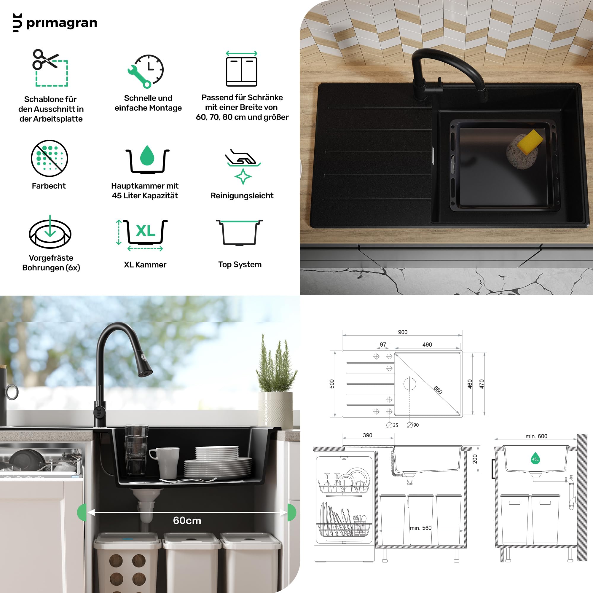 PRIMAGRAN Granitspüle Alles Schwarz - Kopenhagen Top, 90x50cm | Spülbecken 1 Becken + Küchenarmatur 40x20cm + Zuberhor-Set, Küchenspüle ab 60er Unterschrank (S751)