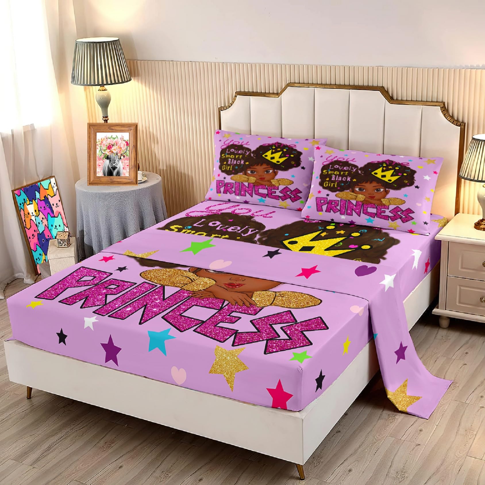 Black Girl Sheets - 4Pcs Bed Set Full Size Cute African Black Girl Design 1 Fitted 1 Flat