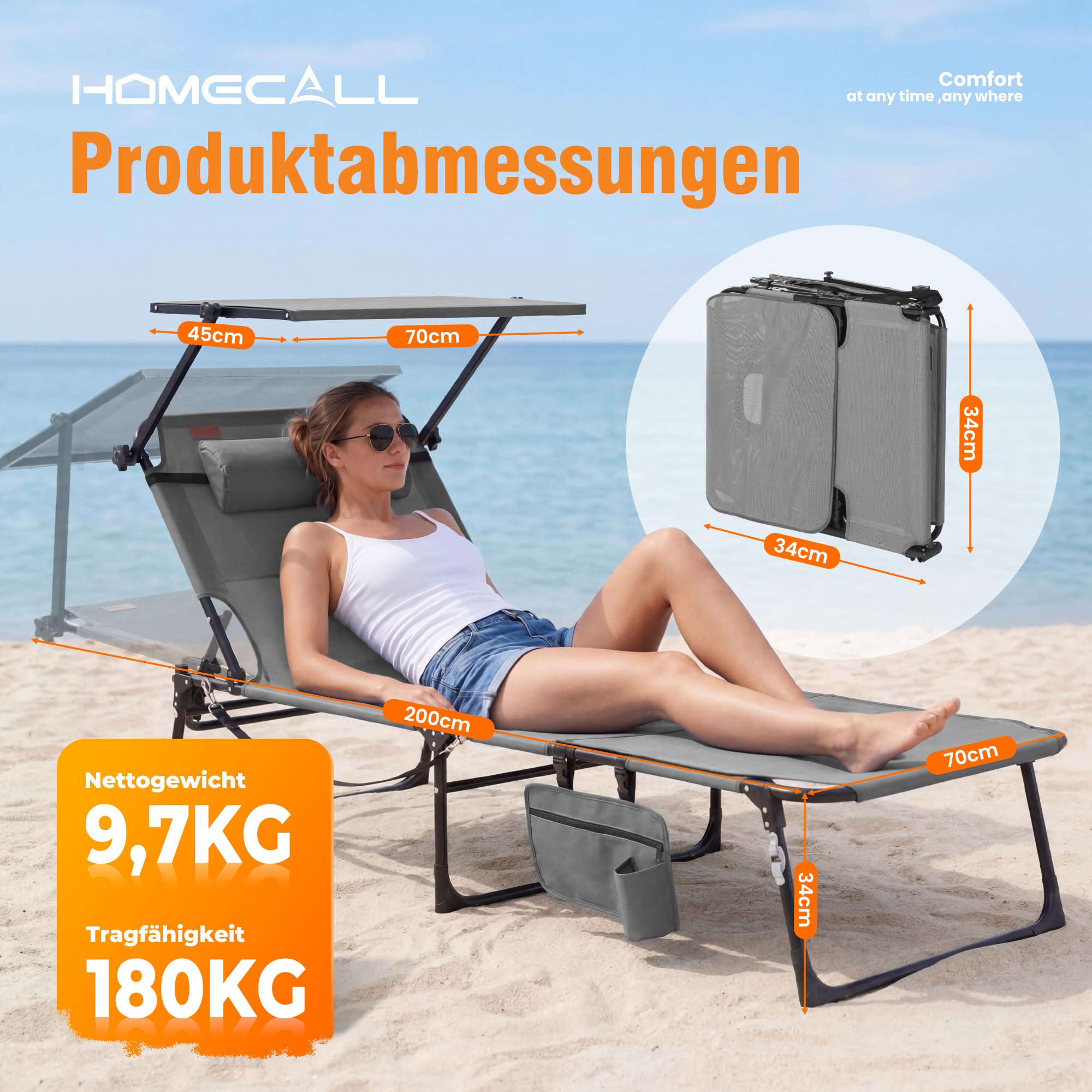 Homecall XXL Sonnenliege mit Gesichtsöffnung & Sonnendach, 200 x 70 cm Gartenliege für Bequeme Bauchlage, klappbarer Liegestuhl mit 4-Fach Verstellbarer Rückenlehne, bis 180 kg (1, Hellgrau)