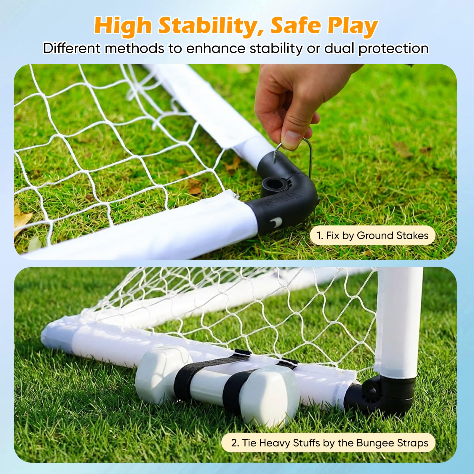 Set di 2 porte da calcio per bambini - Porte da calcio con pratica borsa per il trasporto, giochi all'aperto per bambini con pallone da calcio, pompa ad aria, 8 picchetti di ancoraggio