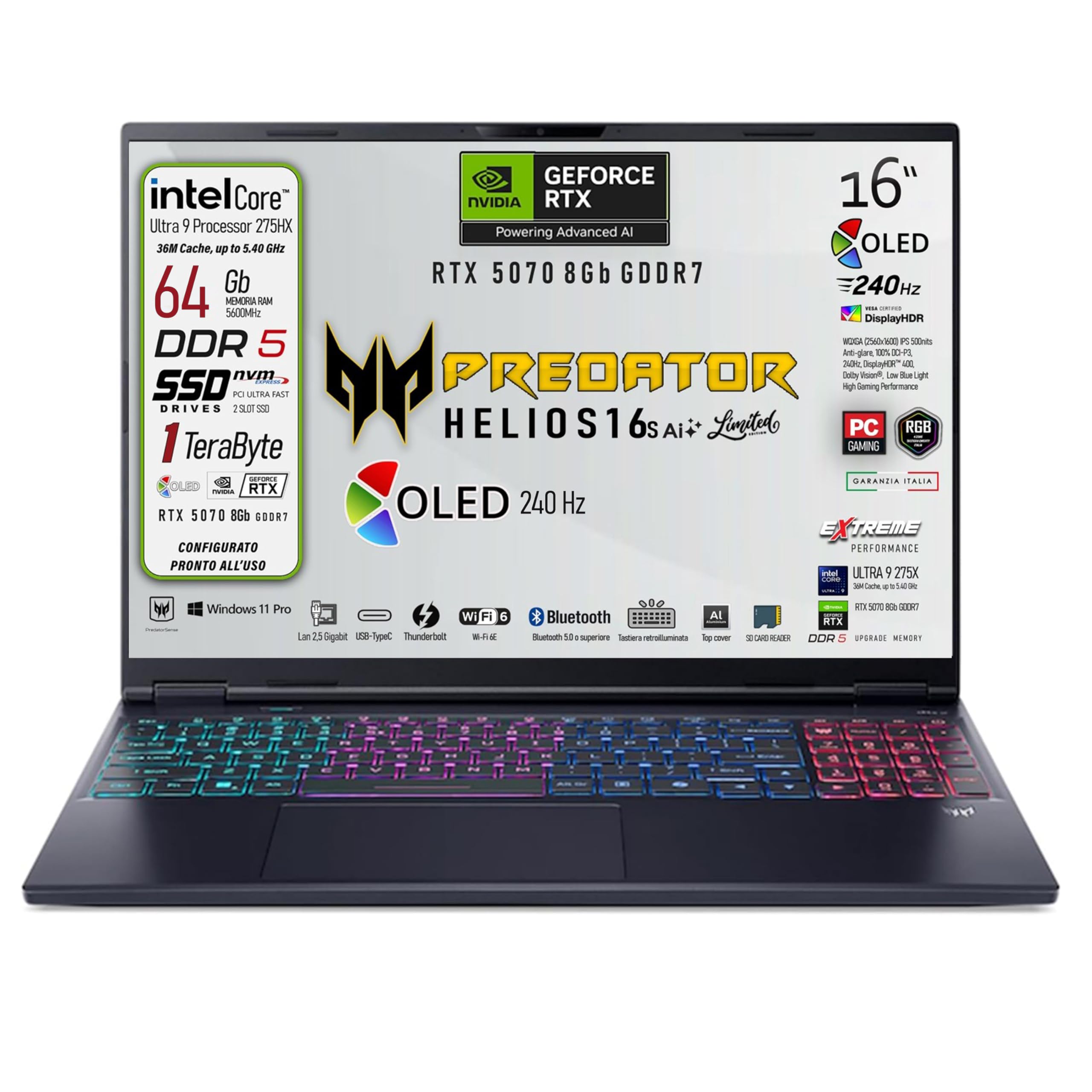 Acer Predator Helios Neo 16s Ai Notebook Gaming limited edition | Intel Ultra 9-275X 24core, RAM DDR5 64GB, SSD 1TB, Display 16" OLED 240Hz DCI-P3 100%, GeForce RTX 5070 8GB, Ready to Use