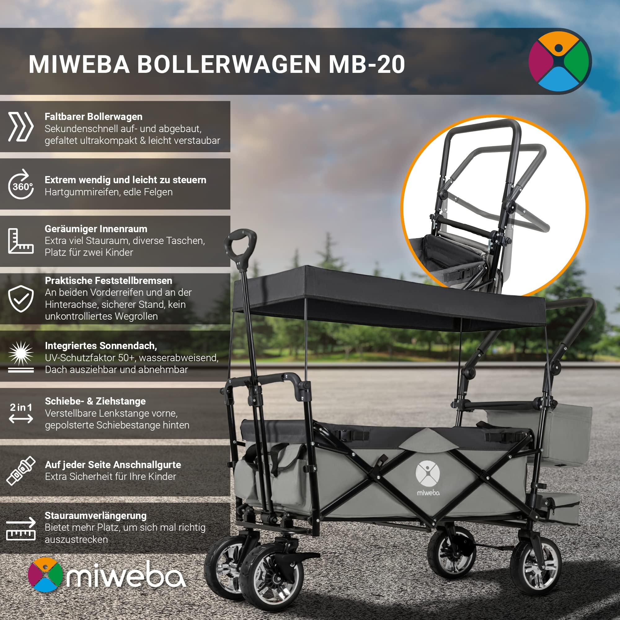Miweba Chariot pour Enfants MB-20 - Chariot Pliable - Système de Harnais à 2X 3 Points - Frein de Stationnement - Roues en Caoutchouc Dur - Pare-Soleil avec Protection UV (LSF25)