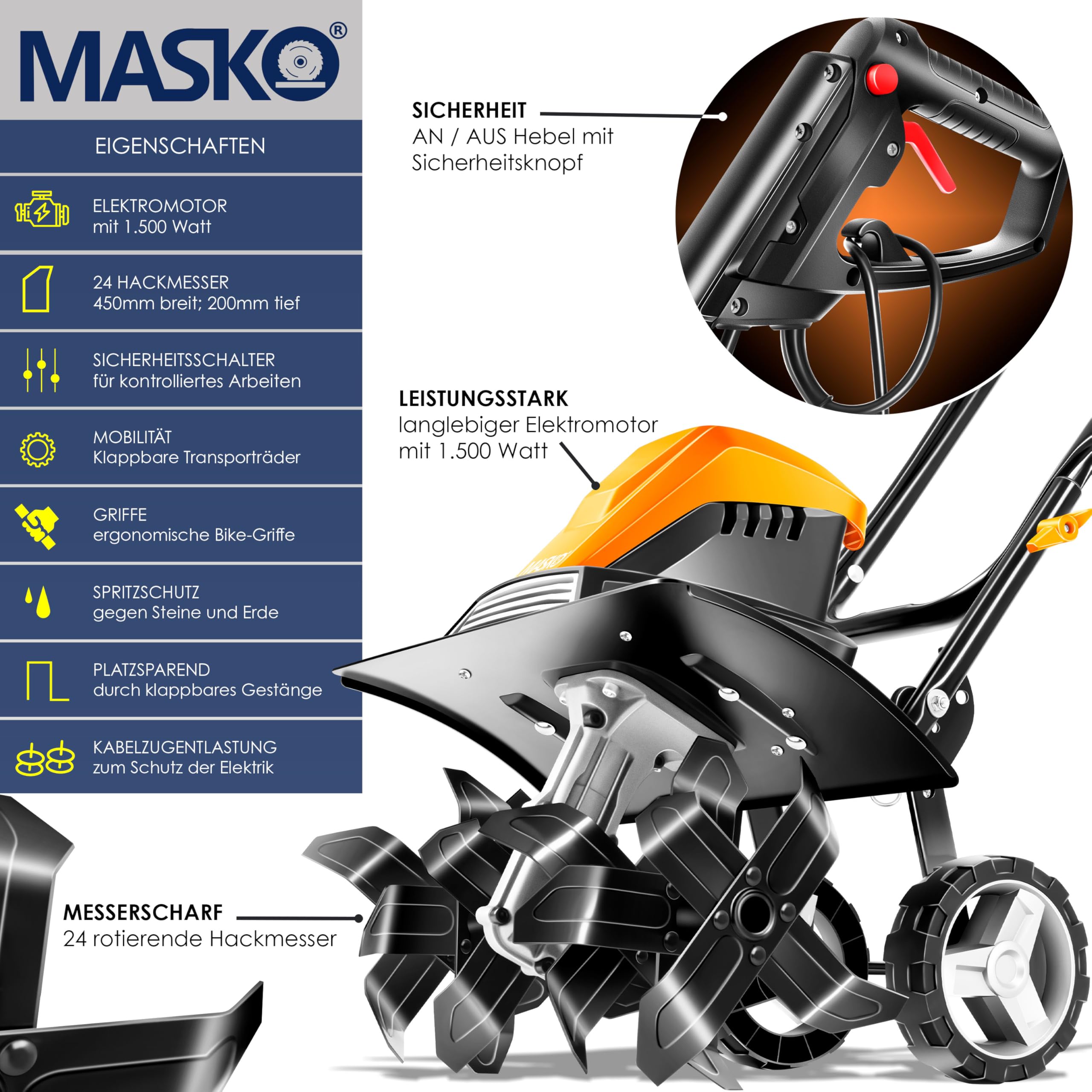 MASKO® Motozappa elettrica 1500W | larghezza di lavoro 45 cm - profondità di lavoro 20 cm | zappatrice per terreno | fresatrice agricola - coltivatore - fresa da giardino | zappatrice elettrica