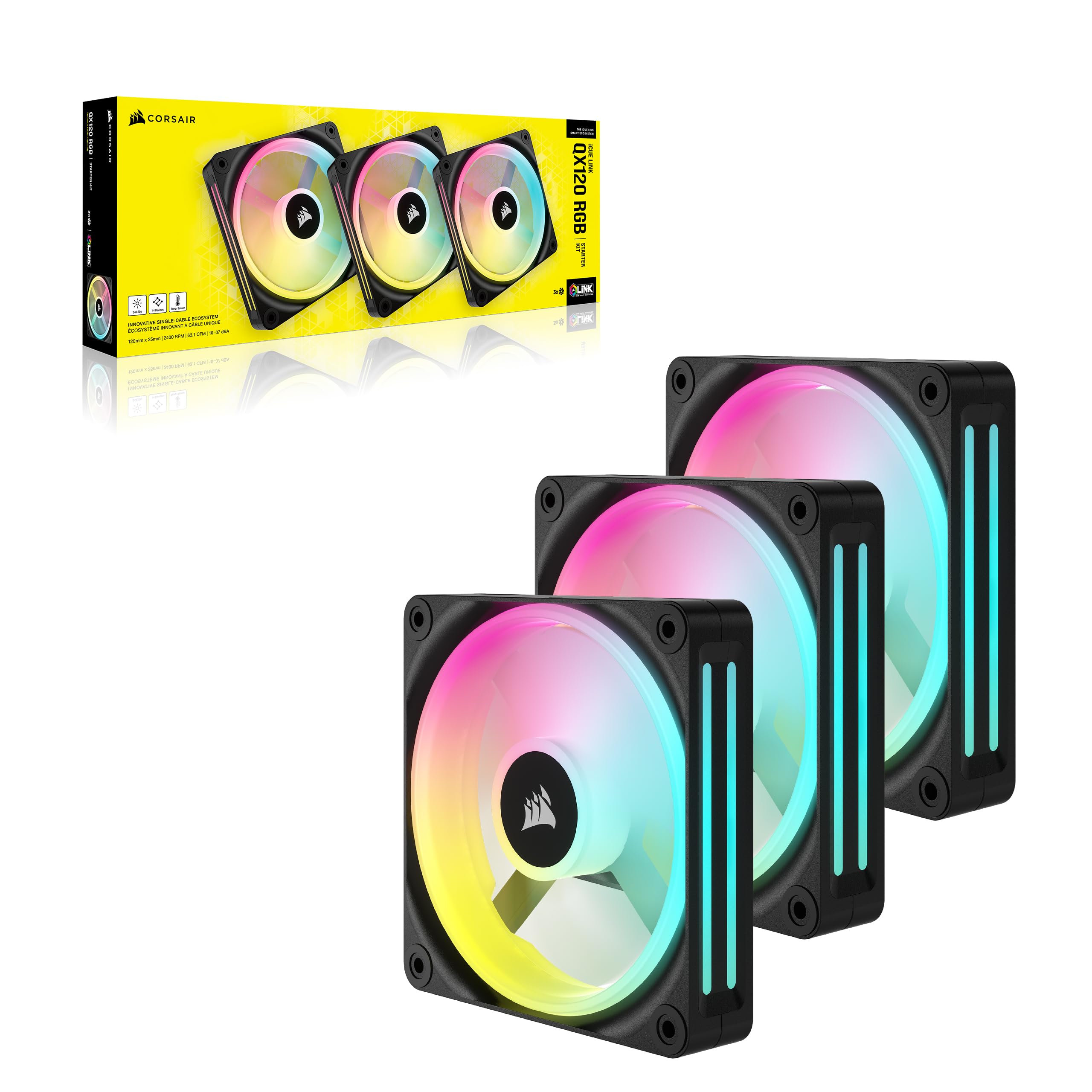 CORSAIR iCUE LINK QX120 RGB à Dôme Magnétique de 120mm Ventilateurs - Noir | Triple Ventilateurs Kit de Démarrage avec Le Hub du Système iCUE LINK