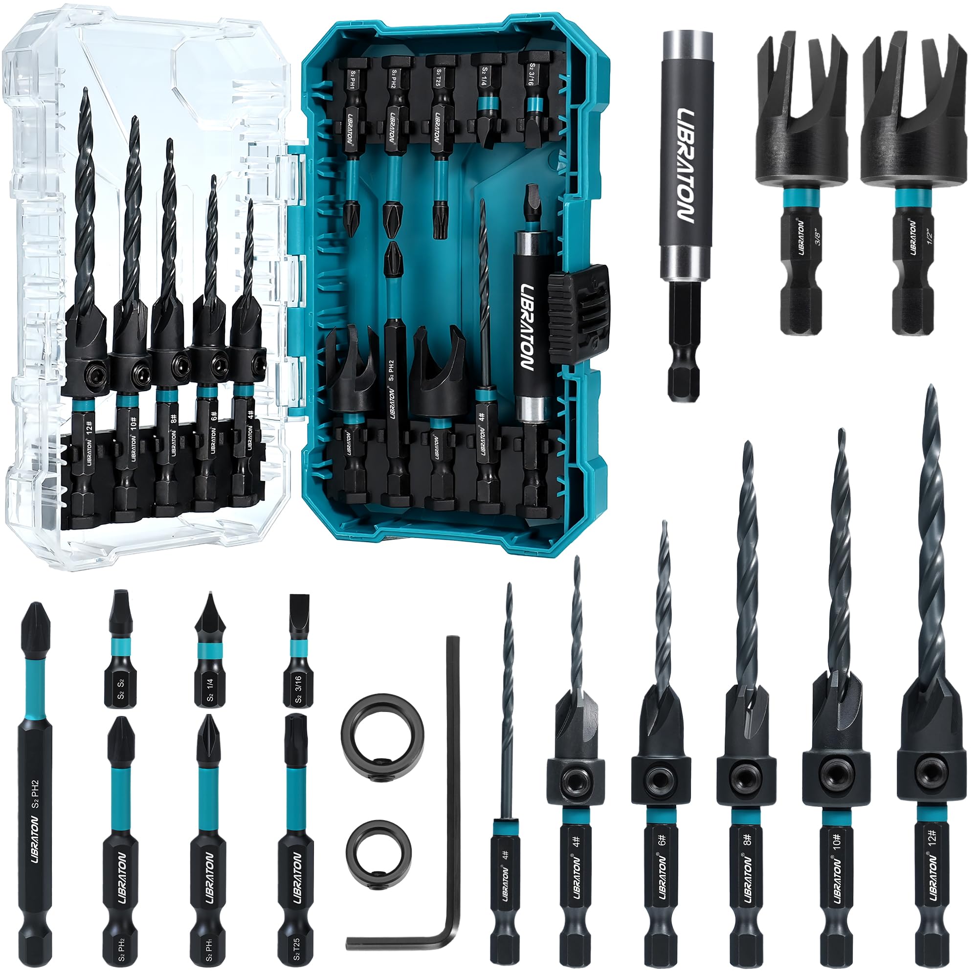 LIBRATON Juego de Brocas Avellanadoras, 19 Piezas Brocas Cónicas | para Carpintería, Brocas para Madera, Cortador de Tapones de Madera, Portabrocas Magnético Extensible 1/4" con Caja