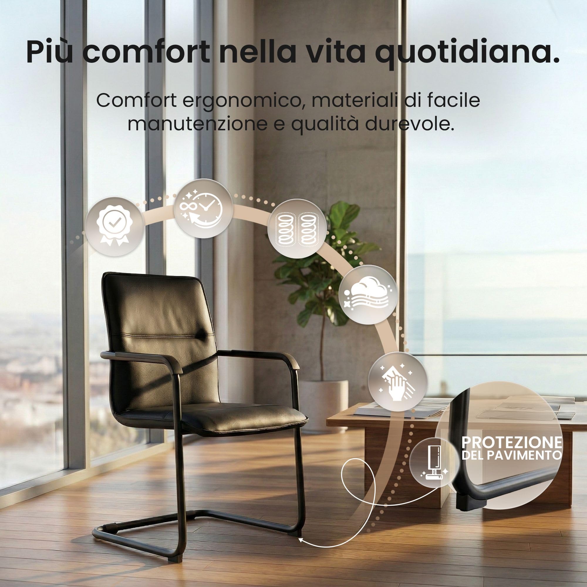 CLP Set di 2 sedie a sbalzo con braccioli Seattle, sedie da Pranzo Moderne rivestite in Similpelle, Telaio Cromato, Colore:Nero/Nero