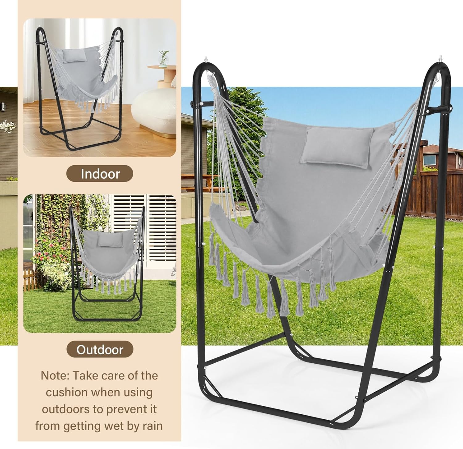 U-Shaped Hammock Chair with Stand, Heavy-Duty and Rustproof Hanging Chair with Stand, Bohemian Style Tassel Hammock Swing Chair Stand with Headrest and Side Pockets for Yard Garden (Light Gray)
