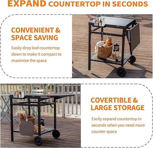 Miniatura 2 de PIZZELLO Carrito de parrilla al aire libre, mesa de parrilla de doble estante, plegable, movible, para preparación de alimentos, carritos de pizza,