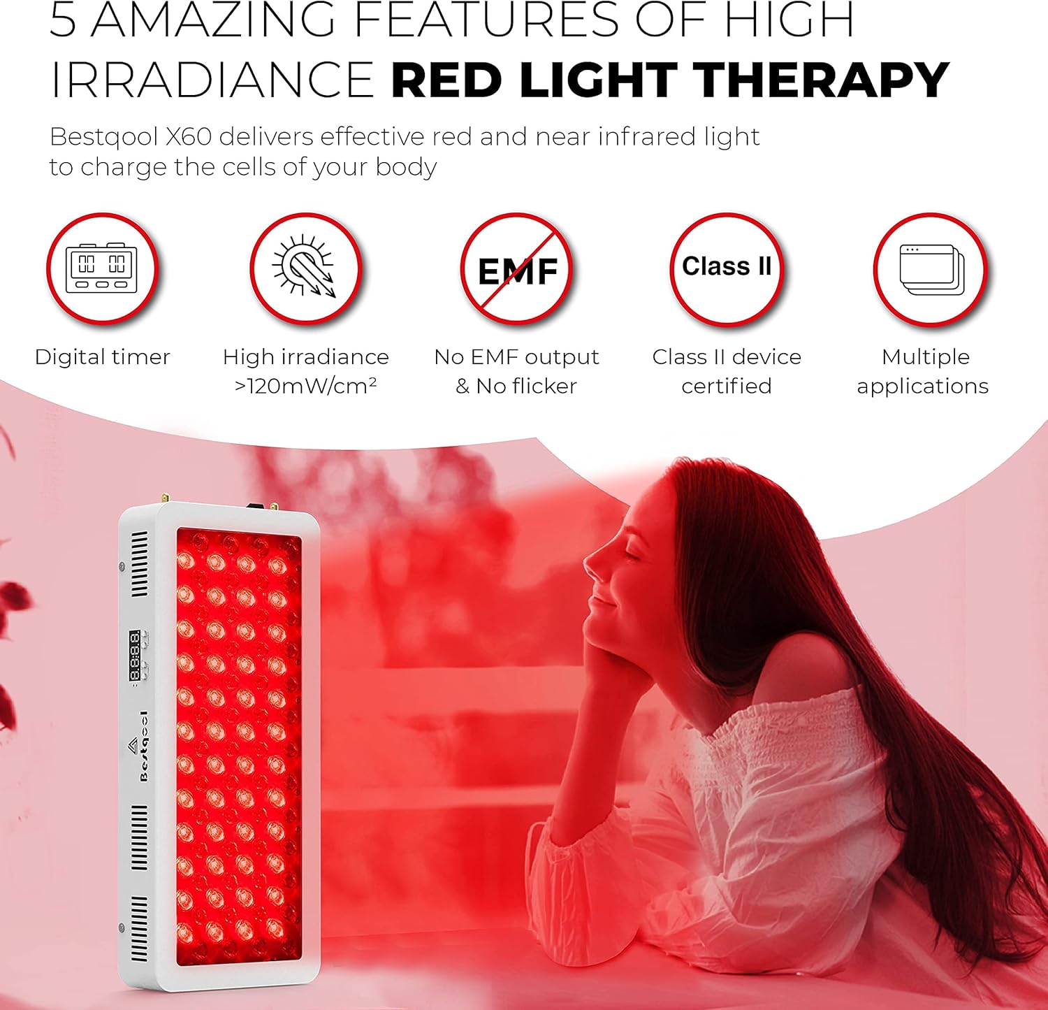 Bestqool Red Light Therapy Device, 660nm 850nm Near Infrared Light Therapy with Timer, 100 Clinical Grade LEDs, High Power Output Panel for Pain Relief, Anti-Aging. 135W Power Consumption. : Health & Household