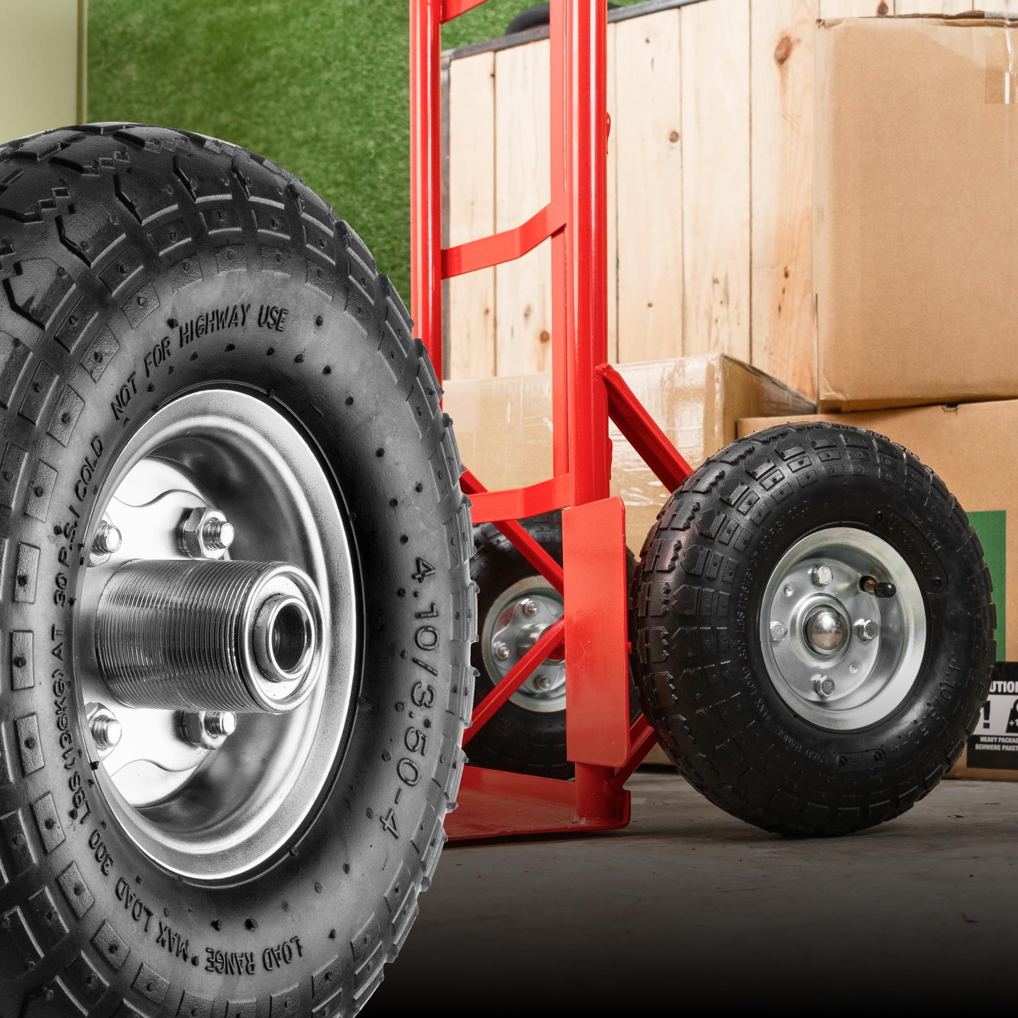 MOOVMOOV Rueda inflable 4.10/3.50-4 (x2) - Para Carretillas, Carritos y Carretillas de mano. Rueda completa: Neumático + Cámara de aire con Válvula Curvada + llanta de Acero con Rodamientos de Bolas