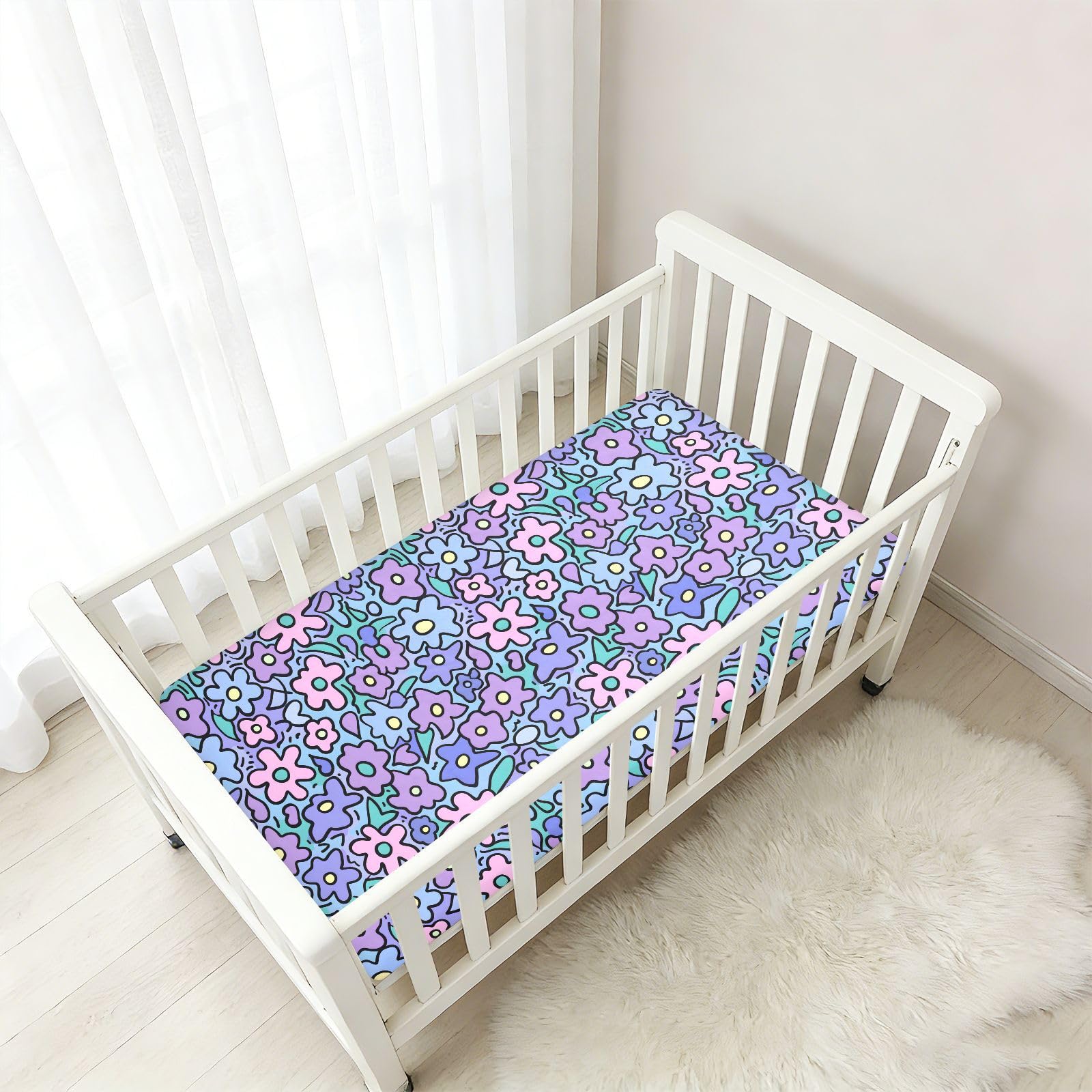 Drap-housse pour berceau de bébé violet avec de nombreuses fleurs pour garçons et filles, drap-housse standard doux, 71,1 x 132,1 cm