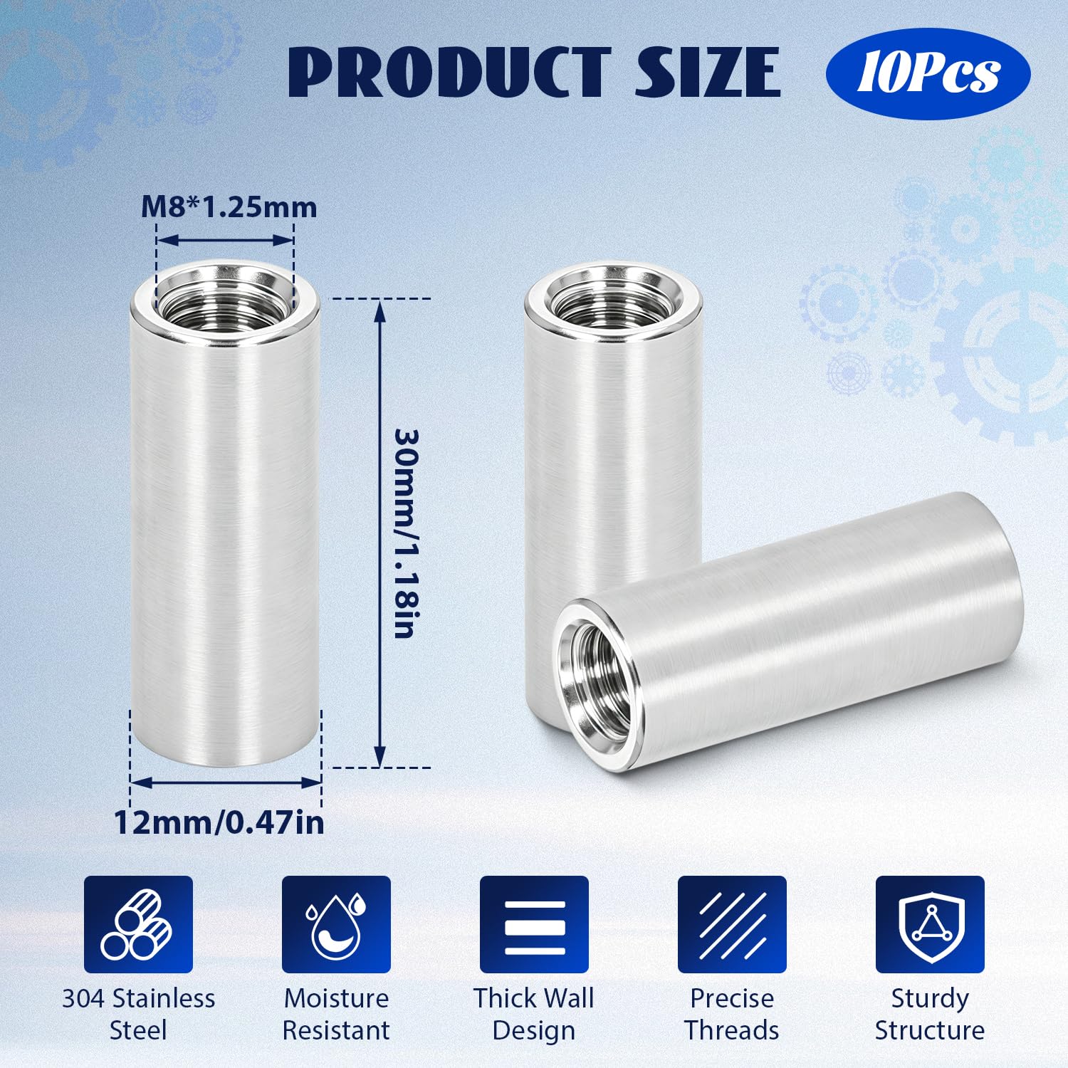 Uxcell M8x1.25 Round Coupling Nuts – 25-Pack 304 Stainless Steel, 27.5mm Length, 9.4mm OD – Connector For Rods, Tie Rods & Fasteners
