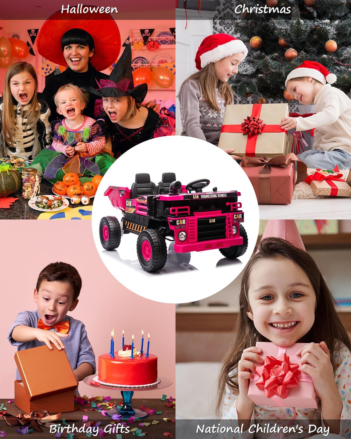 24V 2 Seat Ride on Dump Truck, 20in Ride on Toys for Big Kids - Ride on Toys with Remote Control, Construction Vehicles and Electric Dump Bed/Shovel, with Music,Key Start for Safety,Rose